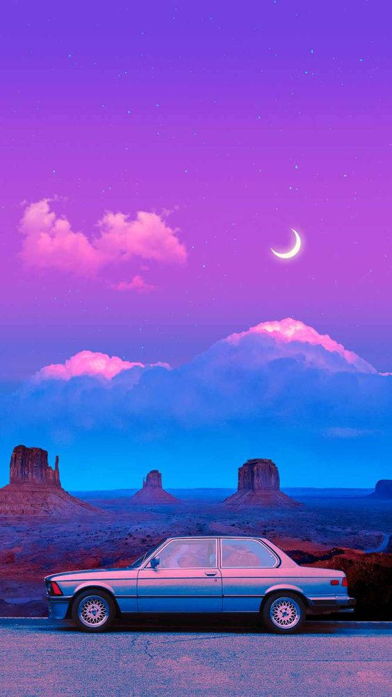 Dark Neon iPhone, vintage blue car, surreal purple and pink twilight sky, SD Phone Wallpaper