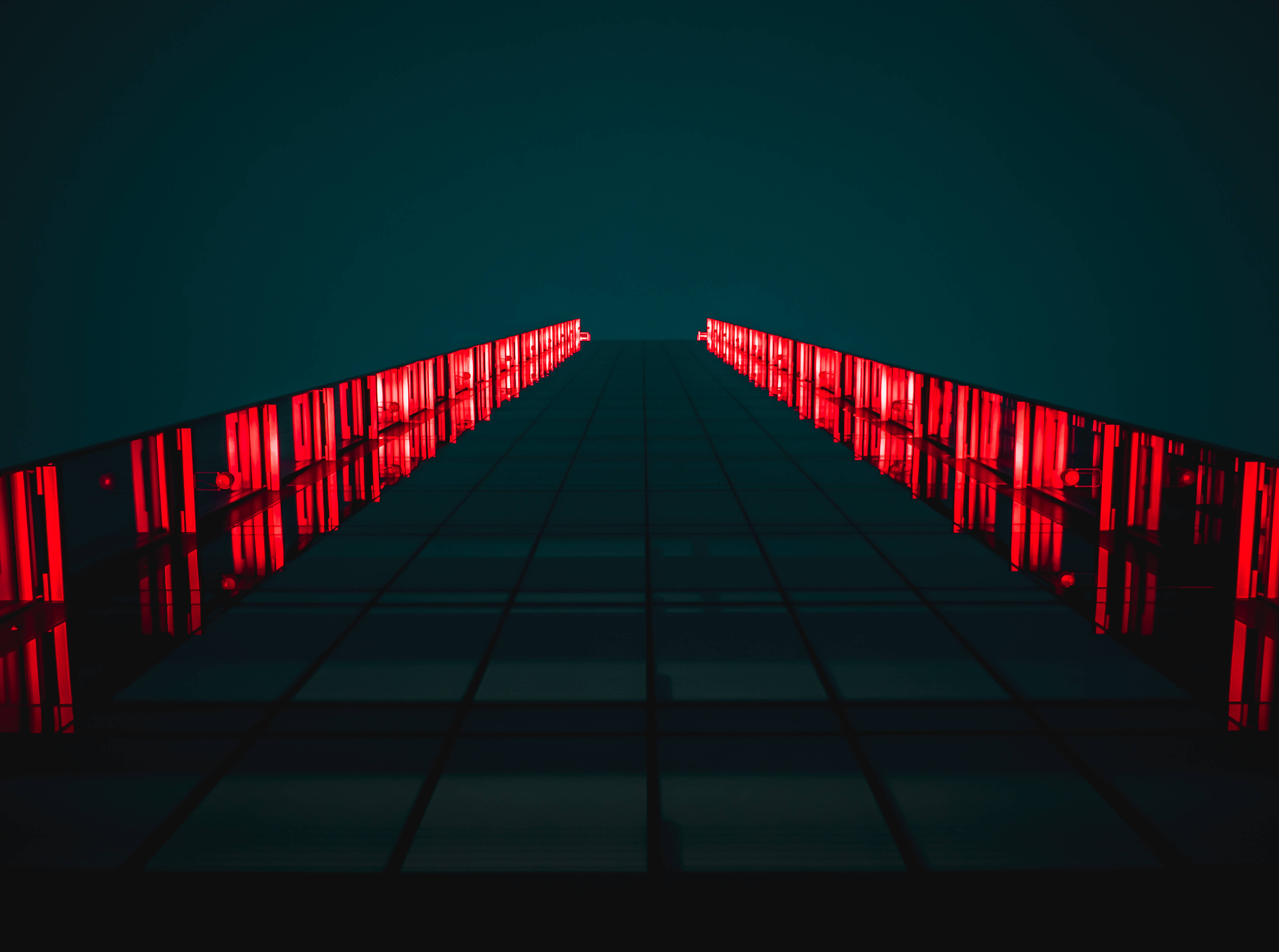 Dark Neon iPhone, red light rail pathway, glowing red vertical lights, 4K Desktop Wallpaper