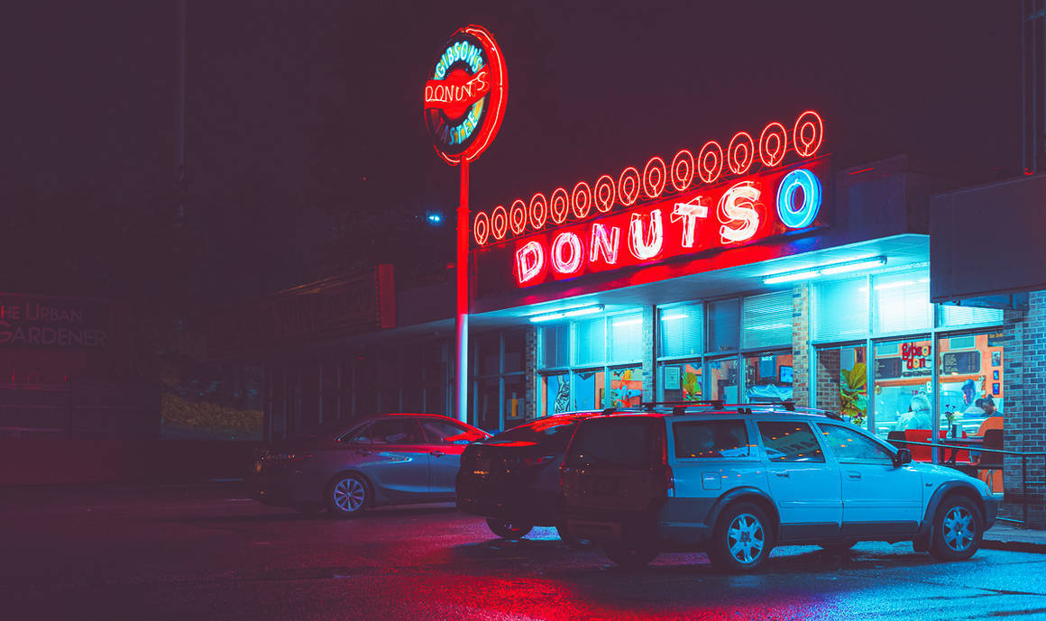 Dark Neon iPhone, neon-lit donut shop, glowing red and blue signs, SD Desktop Wallpaper
