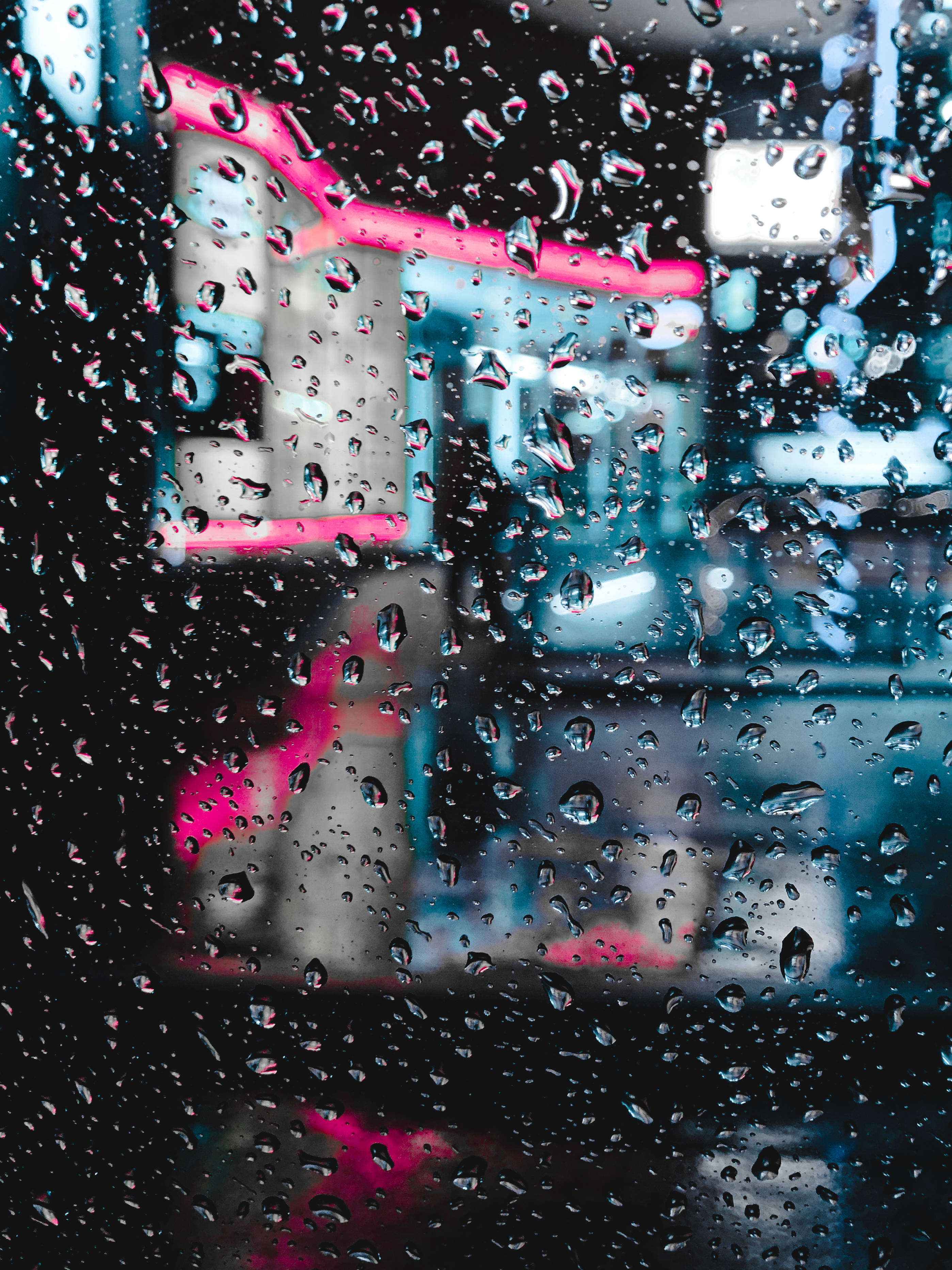 Dark Neon iPhone, raindrops, glass, 2K Phone Wallpaper