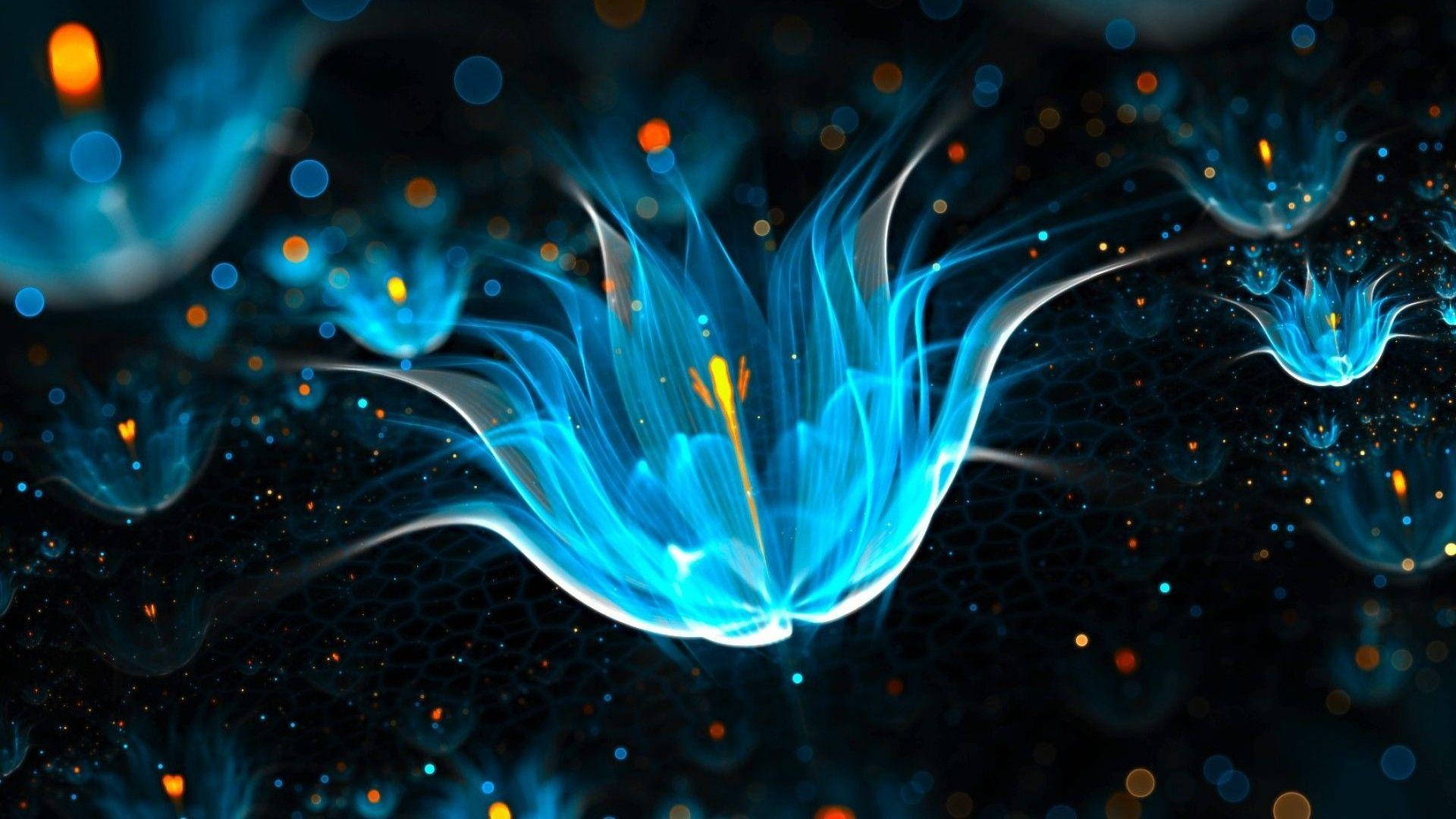 Dark Neon, blue flowers, glowing blue fractal flower, Full HD Desktop Wallpaper