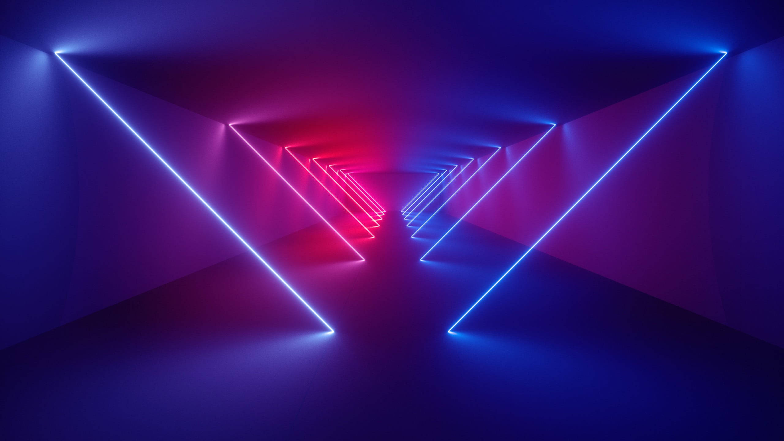 Dark Neon, neon triangles, blue, 2K Desktop Wallpaper