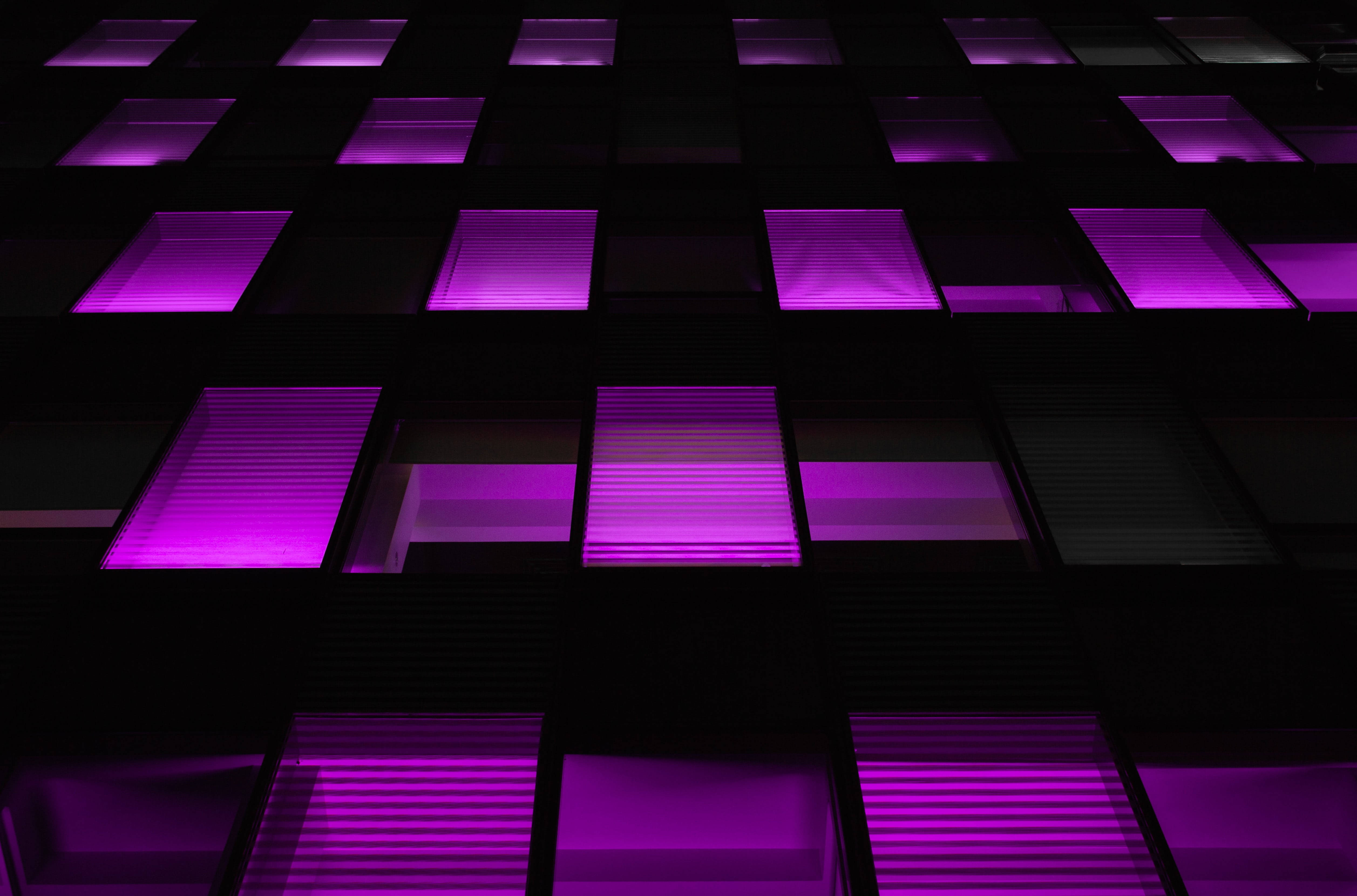 Dark Neon, purple squares, glowing purple-lit windows, 4K Desktop Wallpaper