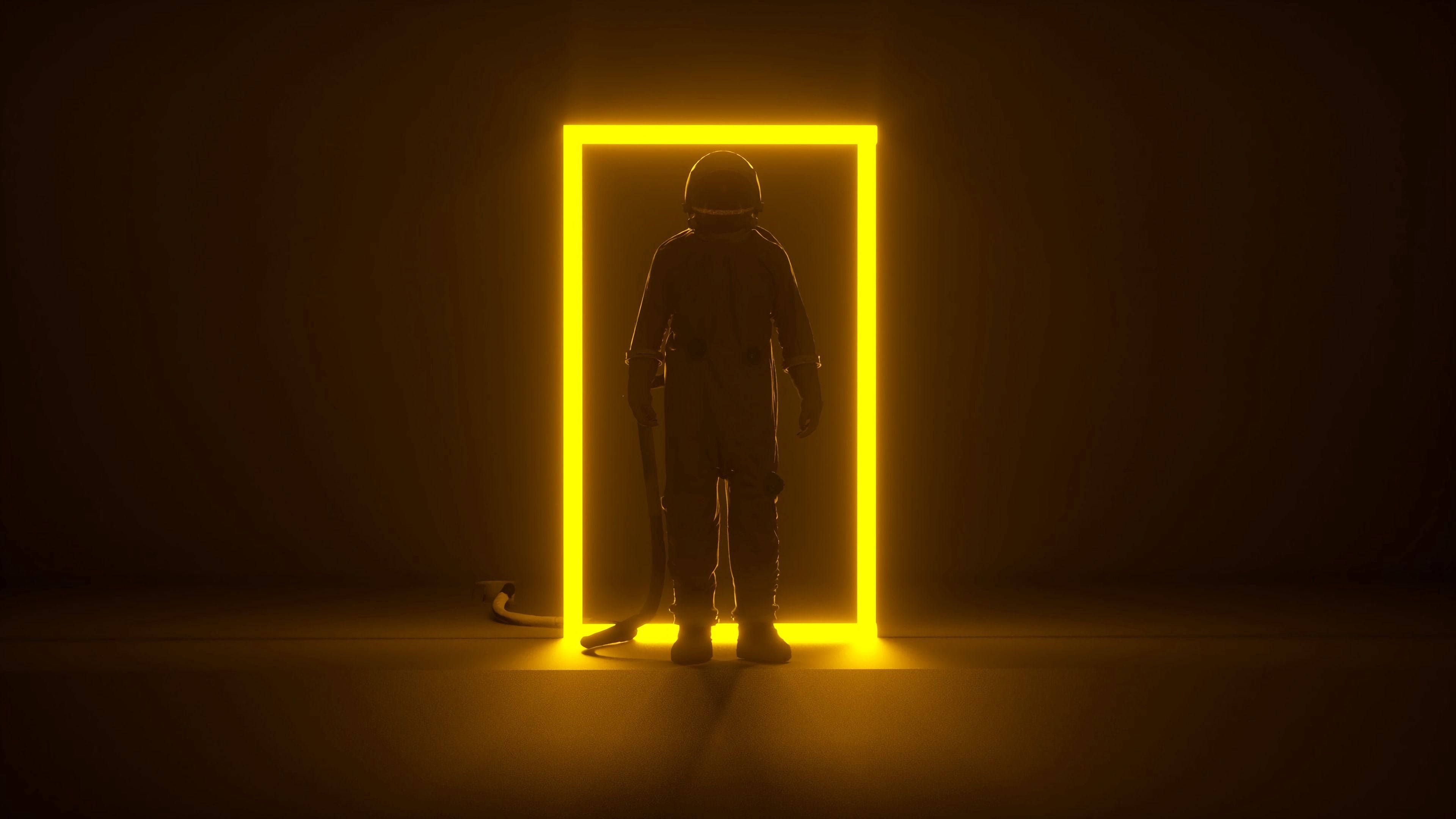 Dark Neon, yellow astronaut, glowing yellow rectangular portal, 4K Desktop Wallpaper
