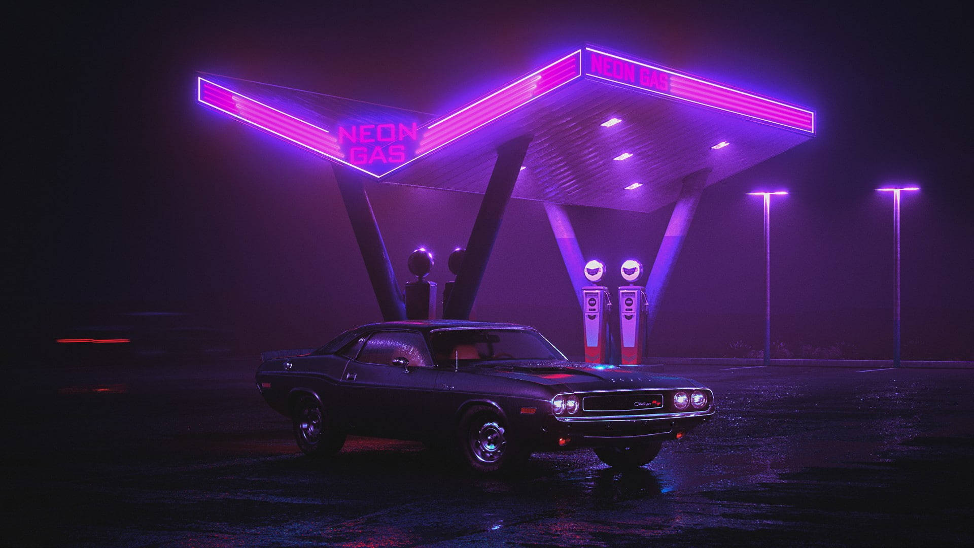 Dark Neon, purple neon, gas station, Full HD Desktop Wallpaper