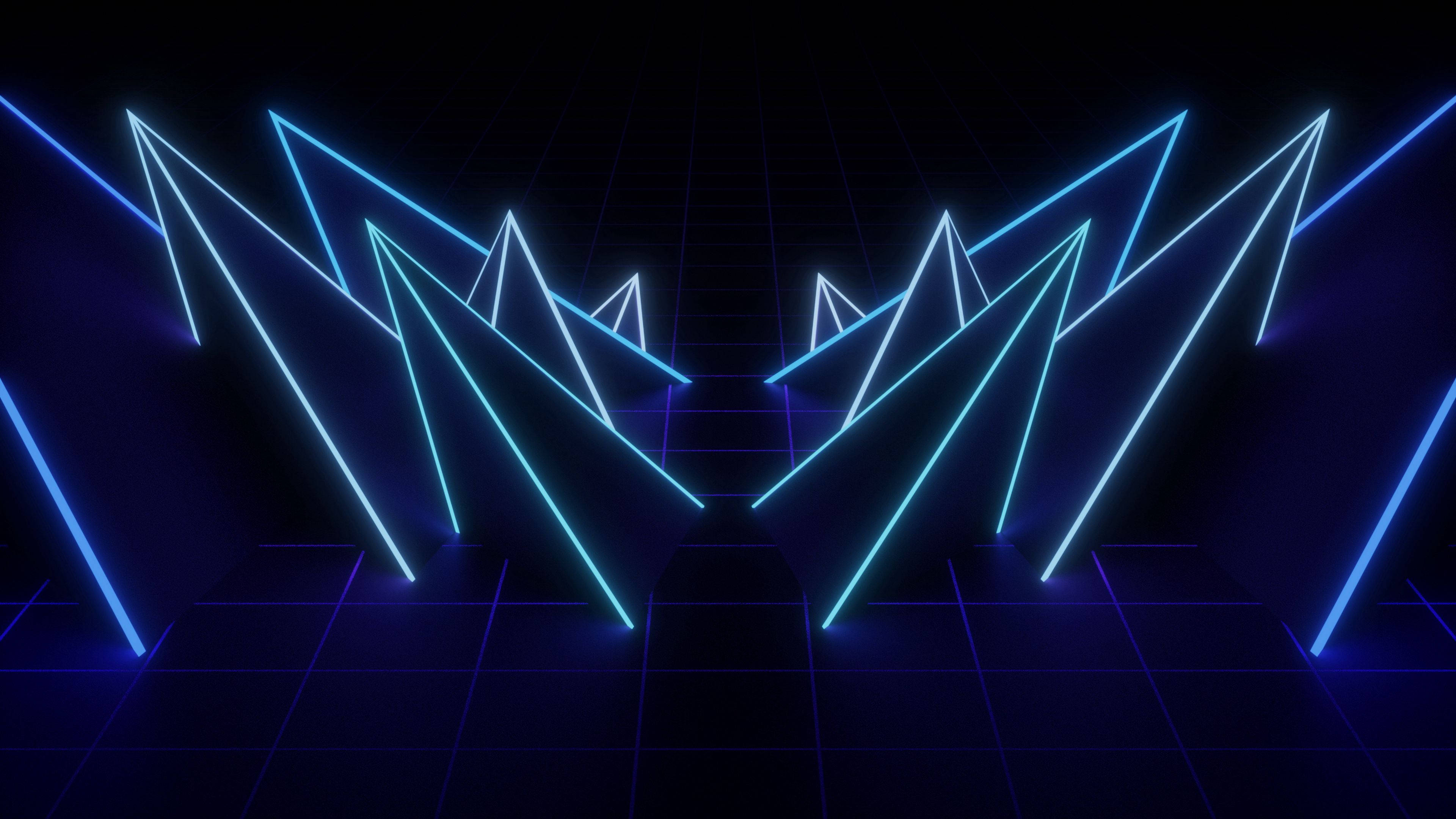 Dark Neon, blue neon, triangles, 4K Desktop Wallpaper
