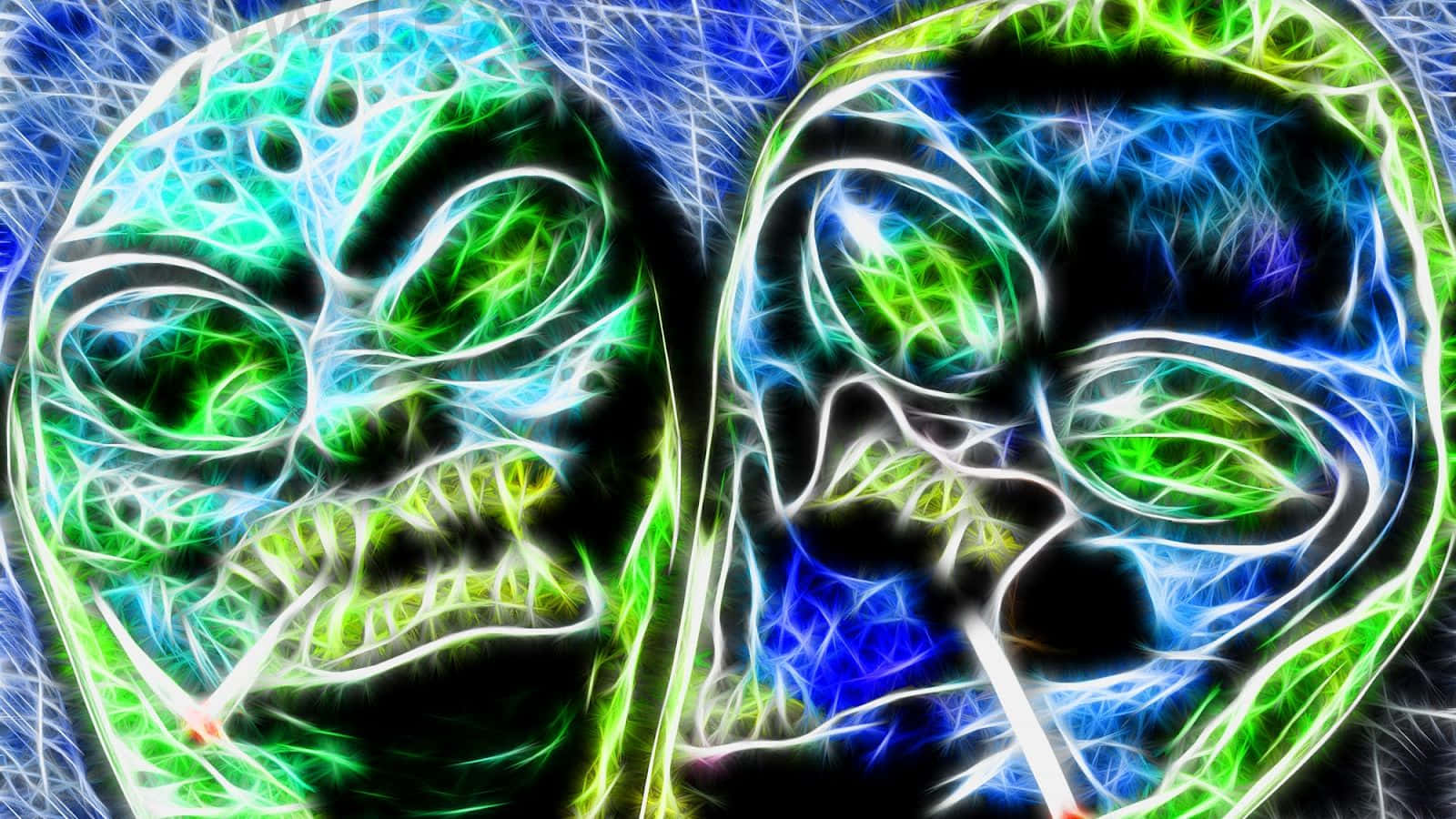 neon skulls, electric green, blue fractal patterns, HD Desktop Wallpaper