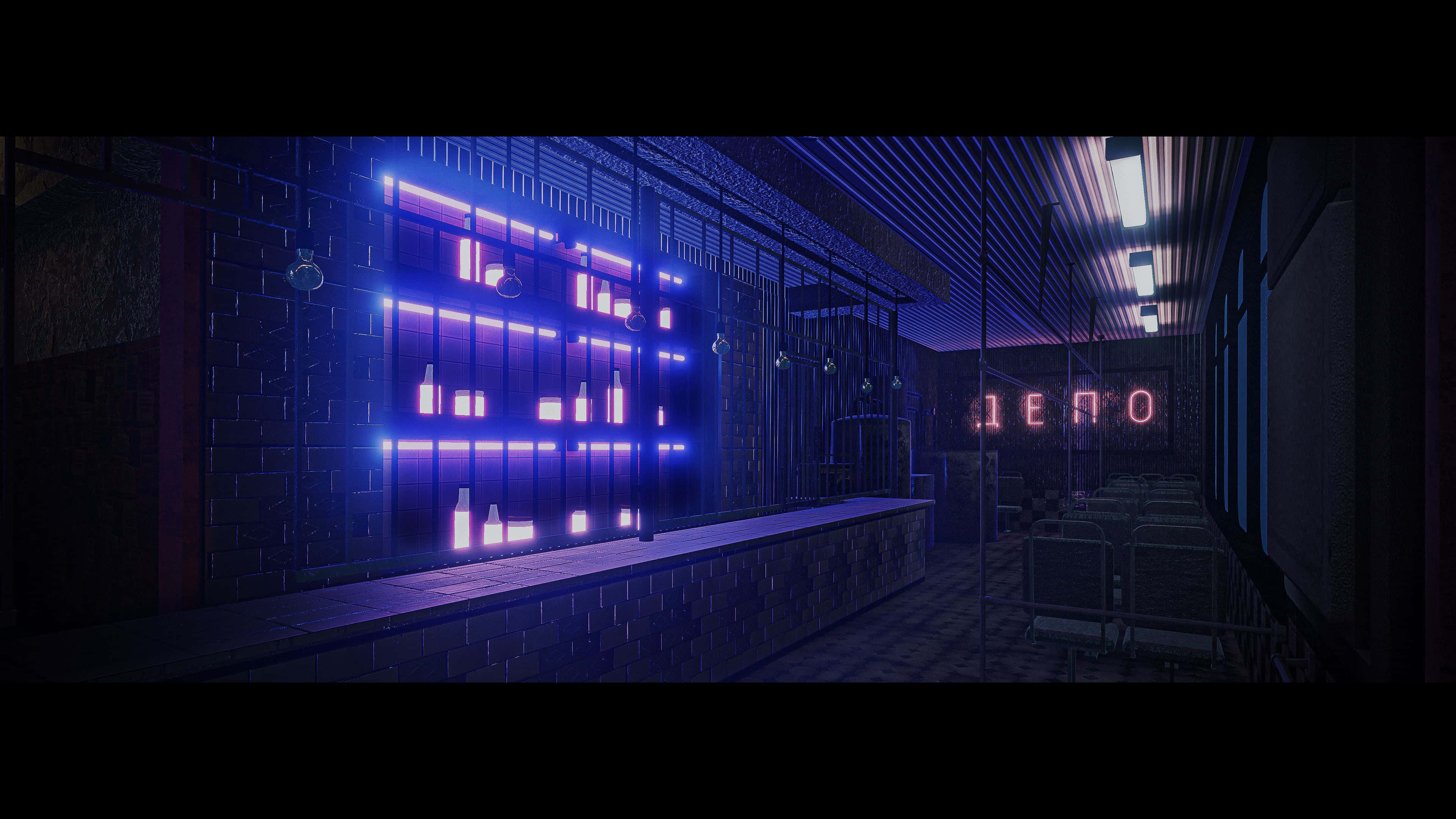 neon-lit bar interior, glowing shelves, pink sign, 4K Desktop Wallpaper