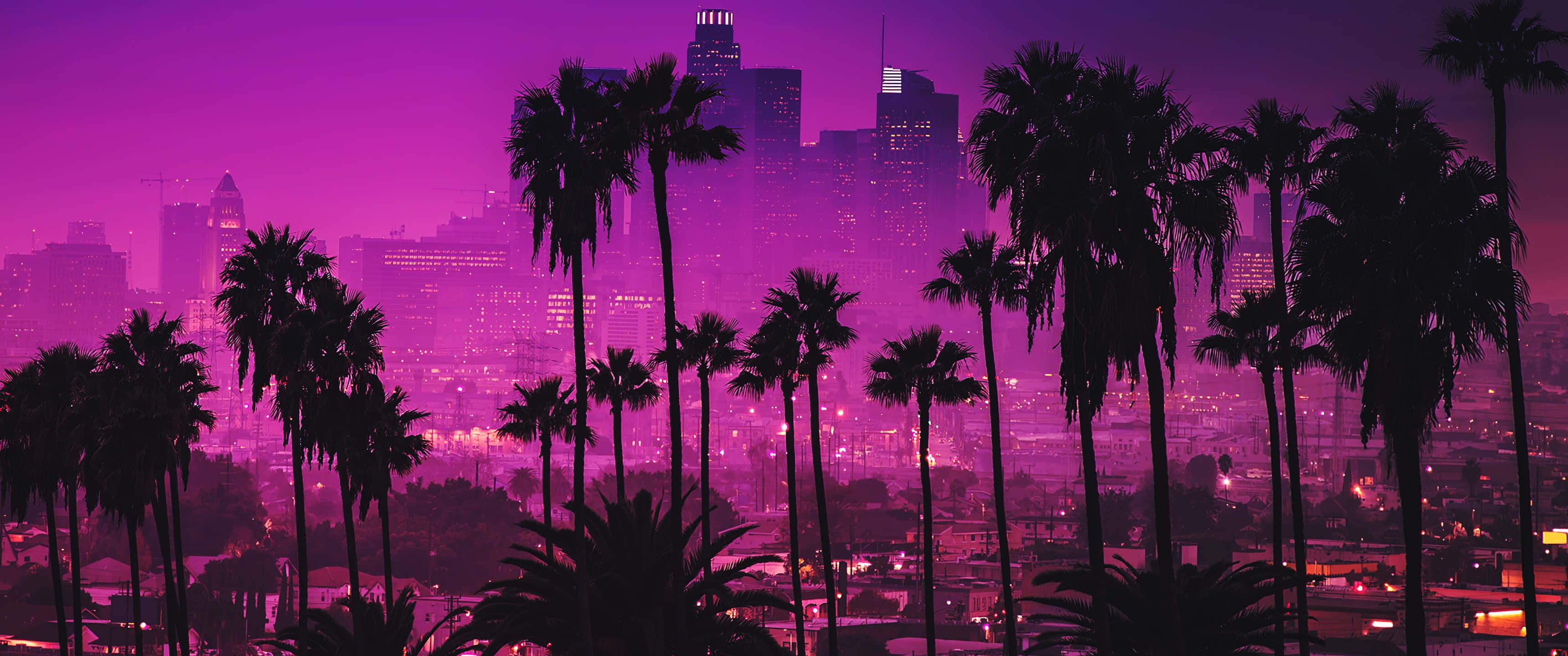 3440x1440, neon, purple-hued city skyline, 2K Desktop Wallpaper