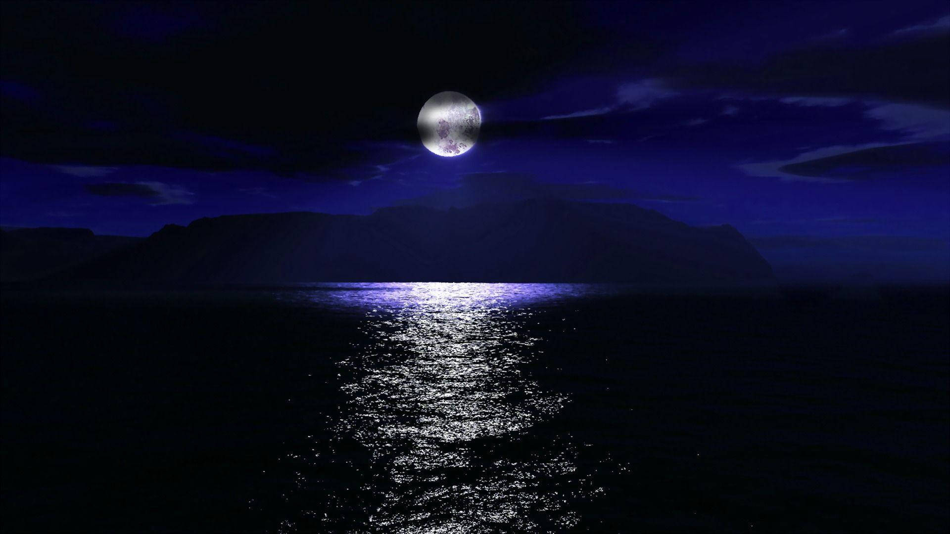 full moon, shimmering silver path, dark ocean, Full HD Desktop Wallpaper