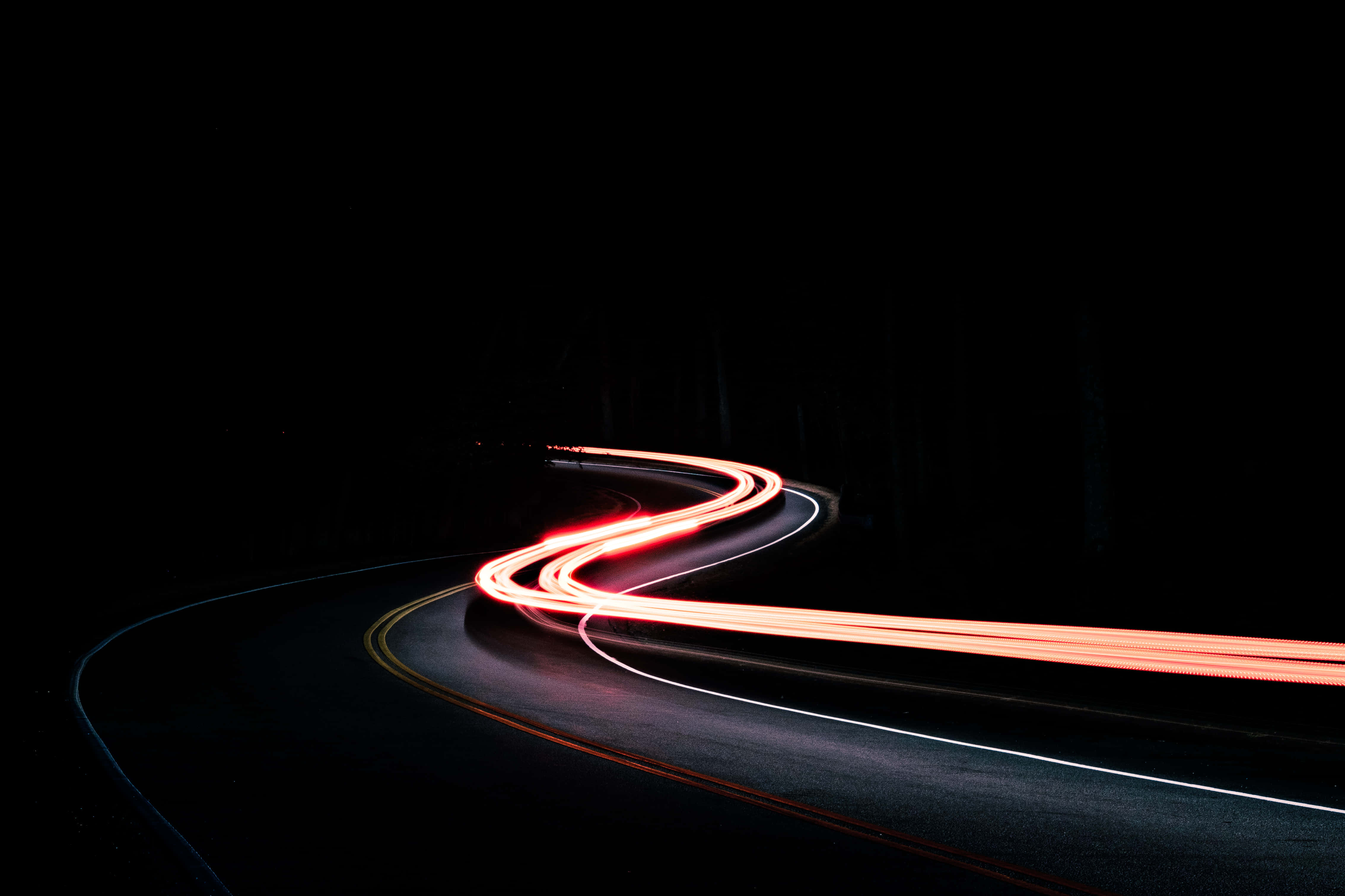 winding road, night, glowing red light trails, 4K Desktop Wallpaper