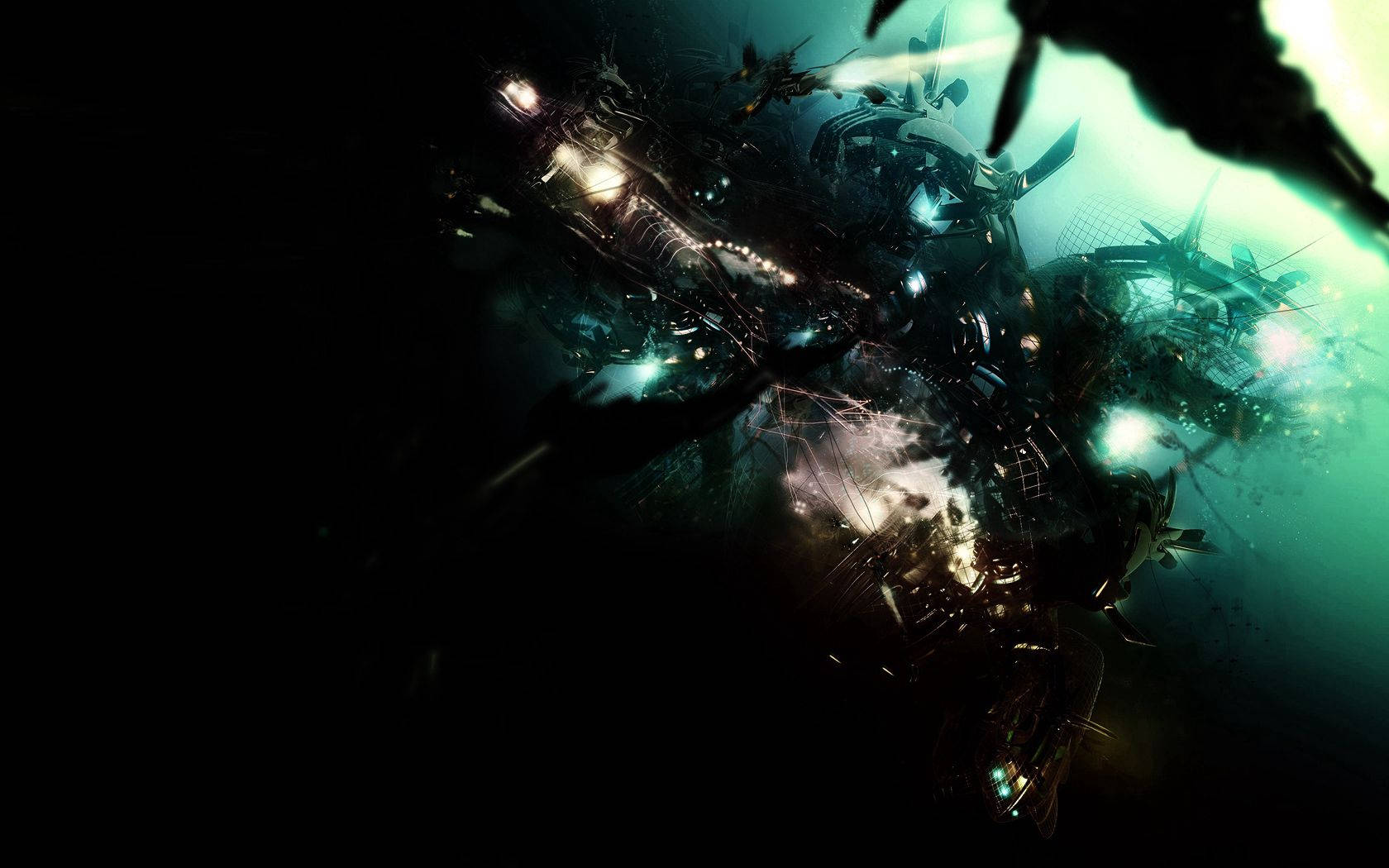 dark blue sea, futuristic spaceship, glowing blue lights, HD Desktop Wallpaper