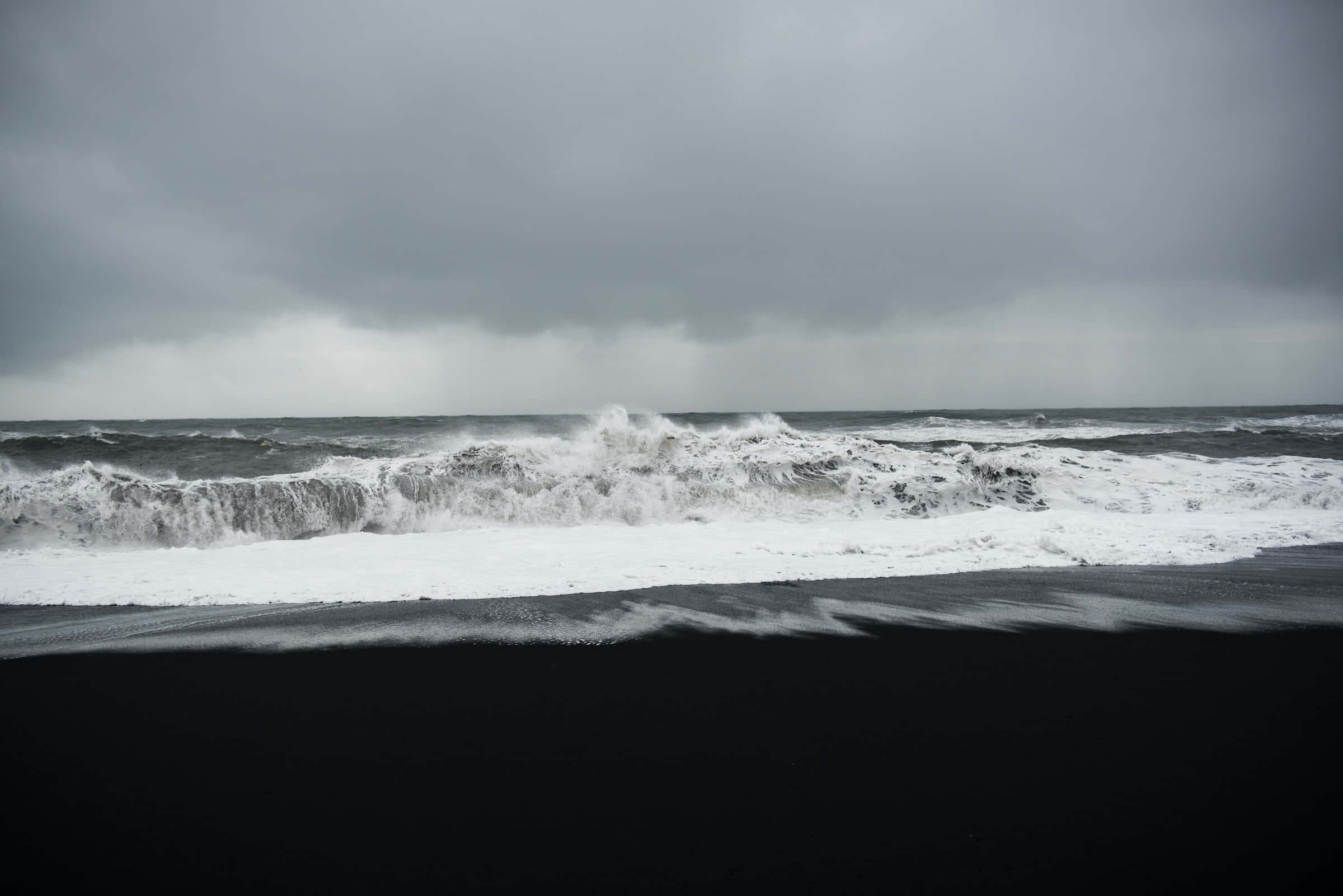Dark Ocean, white waves, stark black volcanic beach, Full HD Desktop Wallpaper