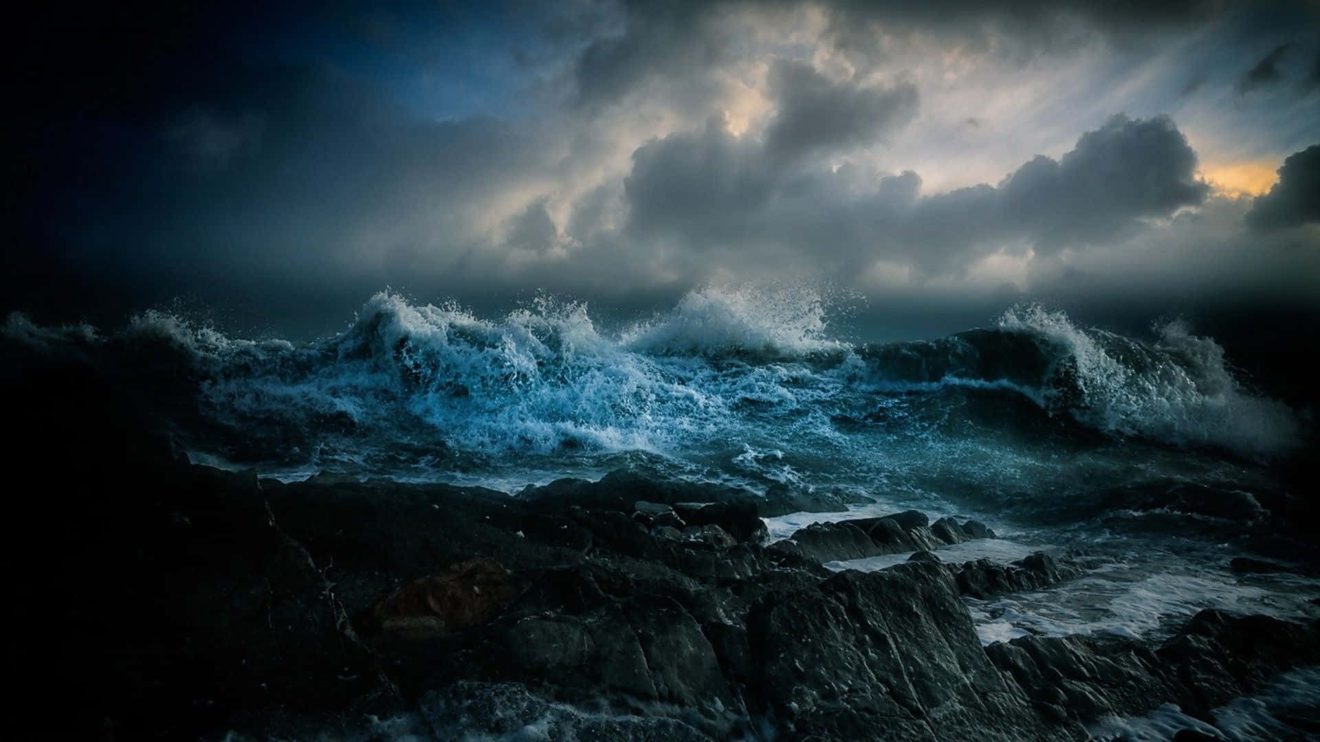 Dark Ocean, ocean waves, dark jagged rocks, Full HD Desktop Wallpaper