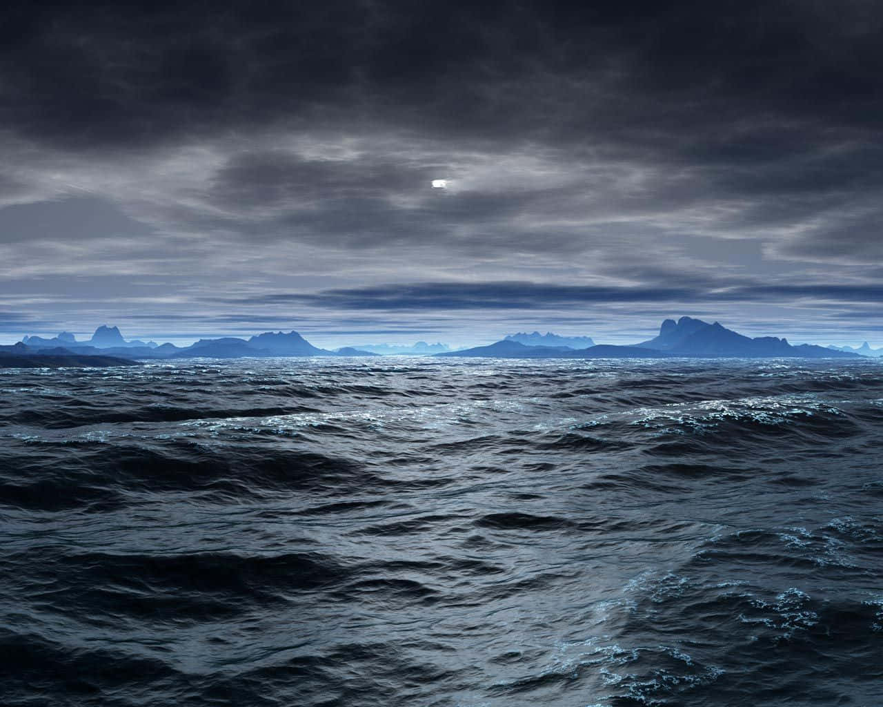 Dark Ocean, cloudy night sky, faint moon, HD Desktop Wallpaper