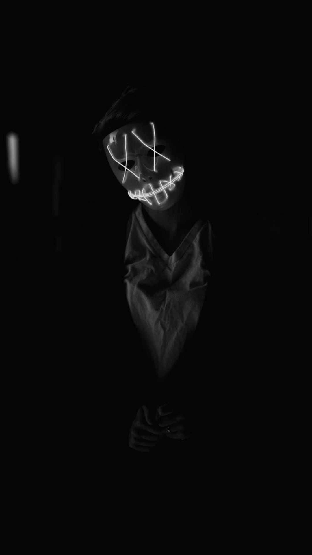 dark room, glowing white LED mask, jagged lines, Full HD Phone Wallpaper