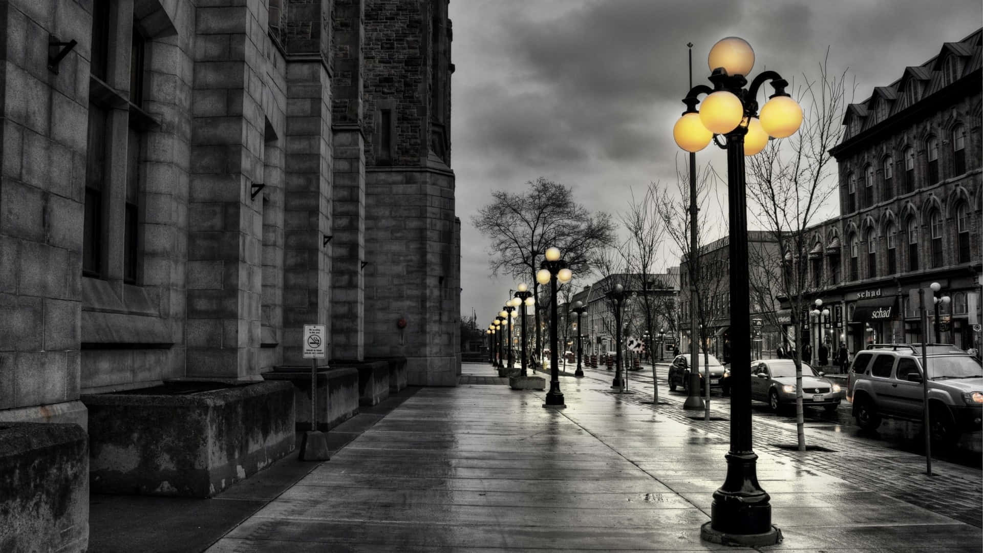 Black And White PC, City Street Lights, vintage street lamps, Full HD Desktop Wallpaper