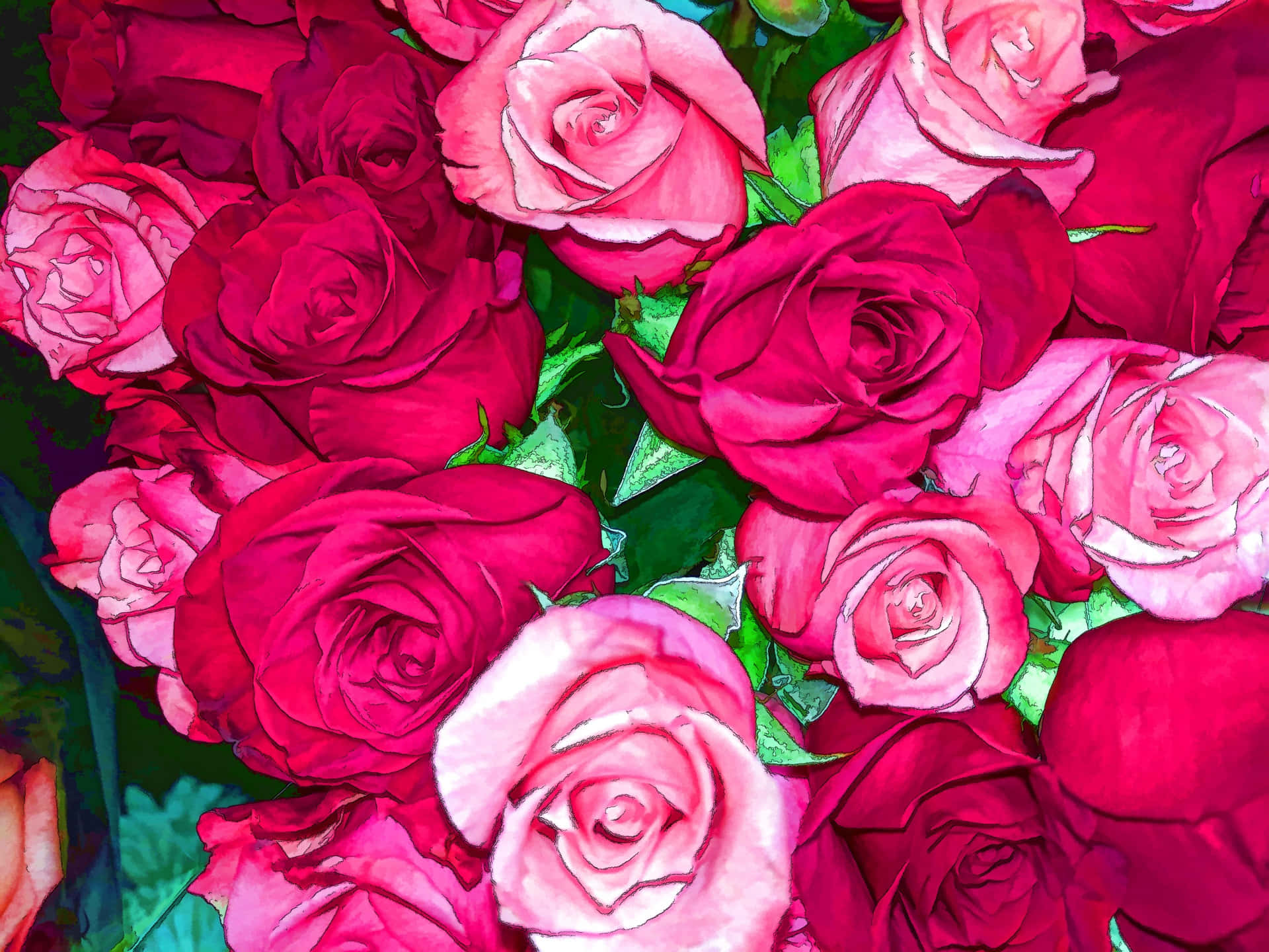 vibrant pink roses bouquet, lush pink and magenta roses, deep green leaves, Full HD Desktop Wallpaper