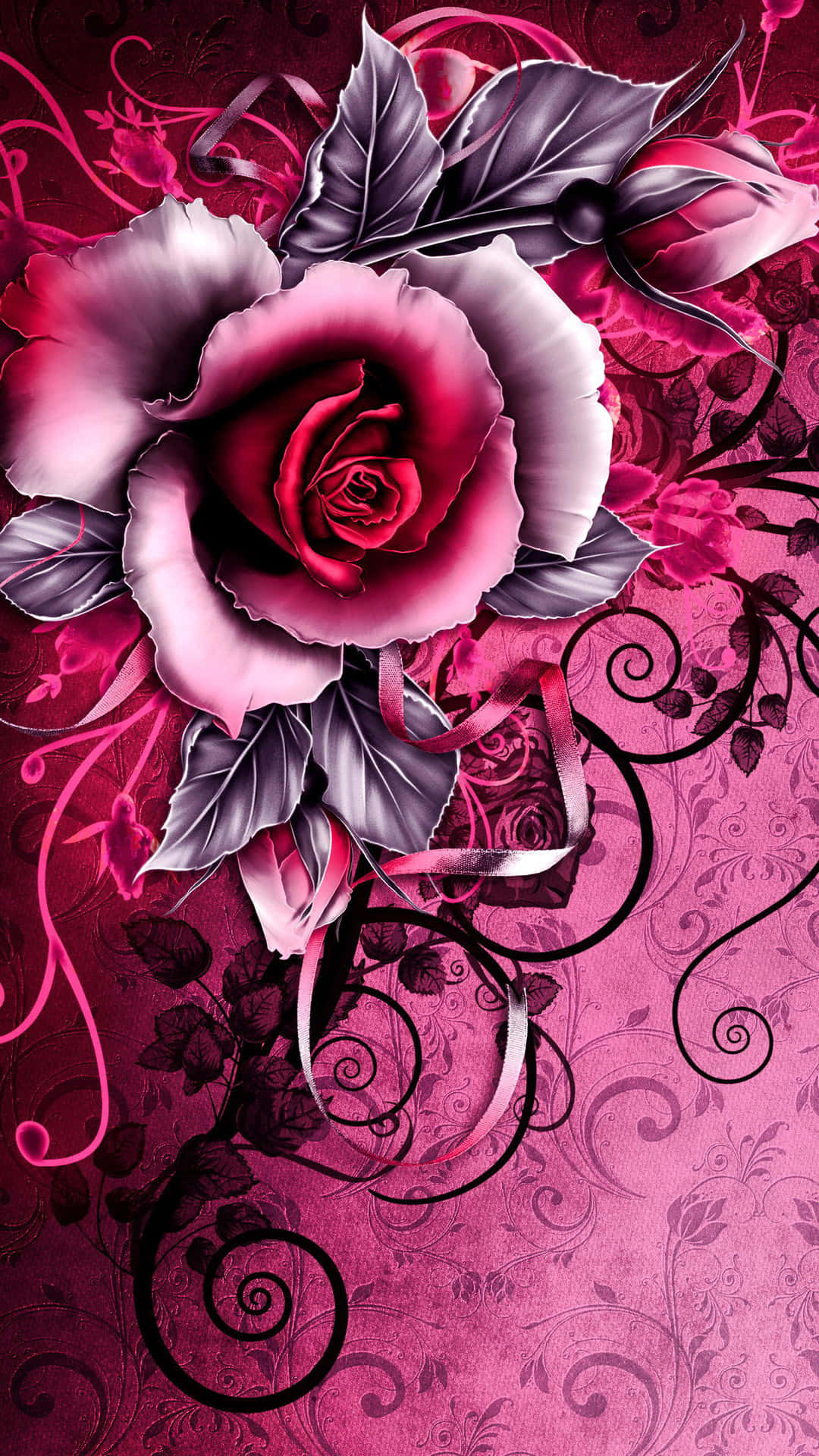 Dark Pink Rose, vivid pink rose, silver leaves, Full HD Phone Wallpaper