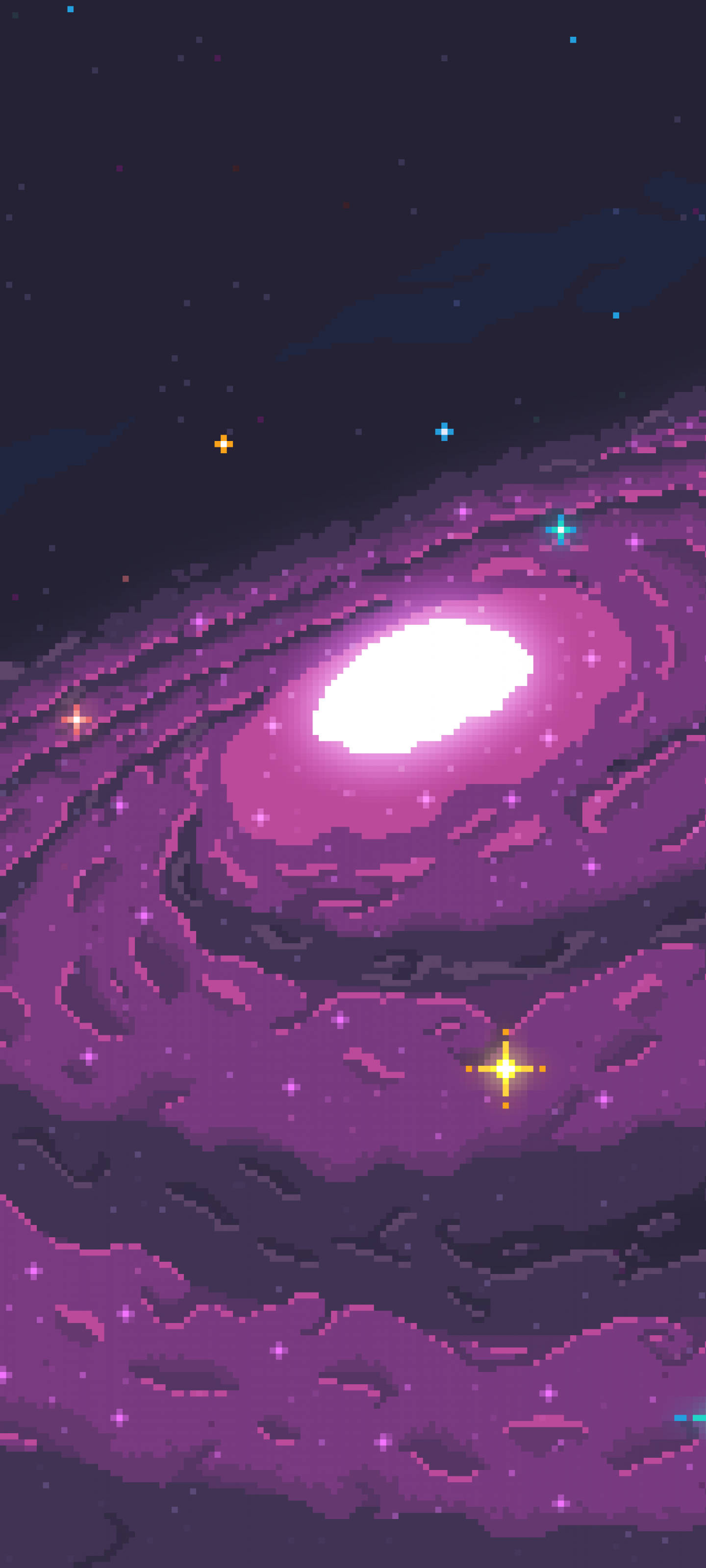 Dark Pixel, pixelated spiral galaxy, glowing purple arms, 2K Phone Wallpaper