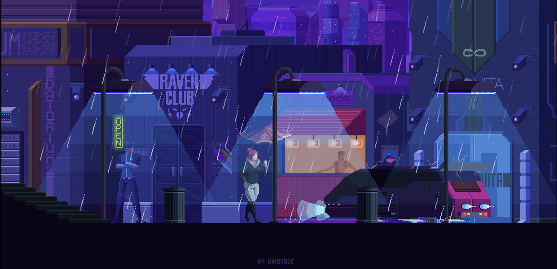 Dark Pixel, neon-lit buildings, rain, HD Desktop Wallpaper
