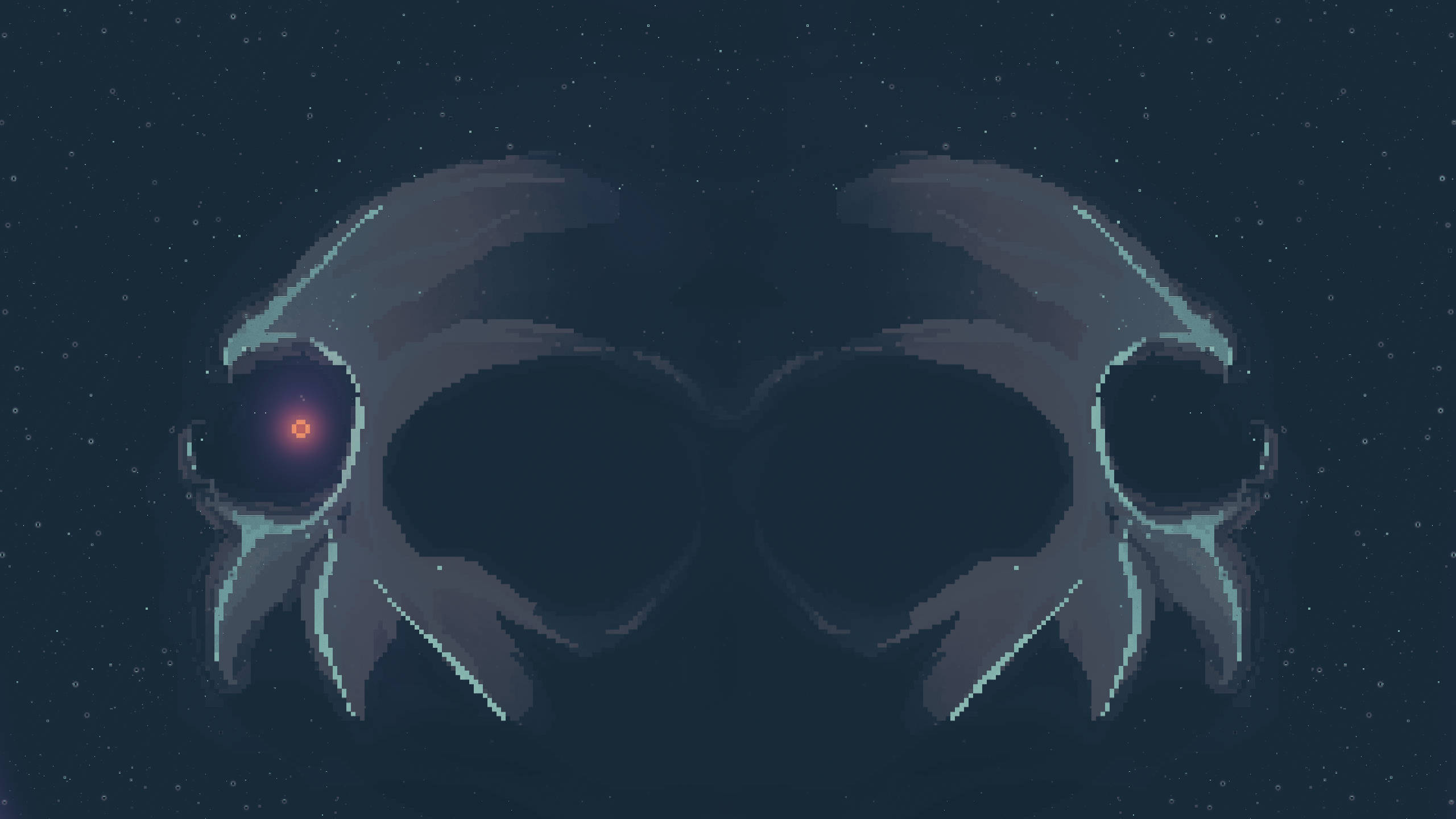 dark pixel, pixel-art skull, glowing red eye, 2K Desktop Wallpaper