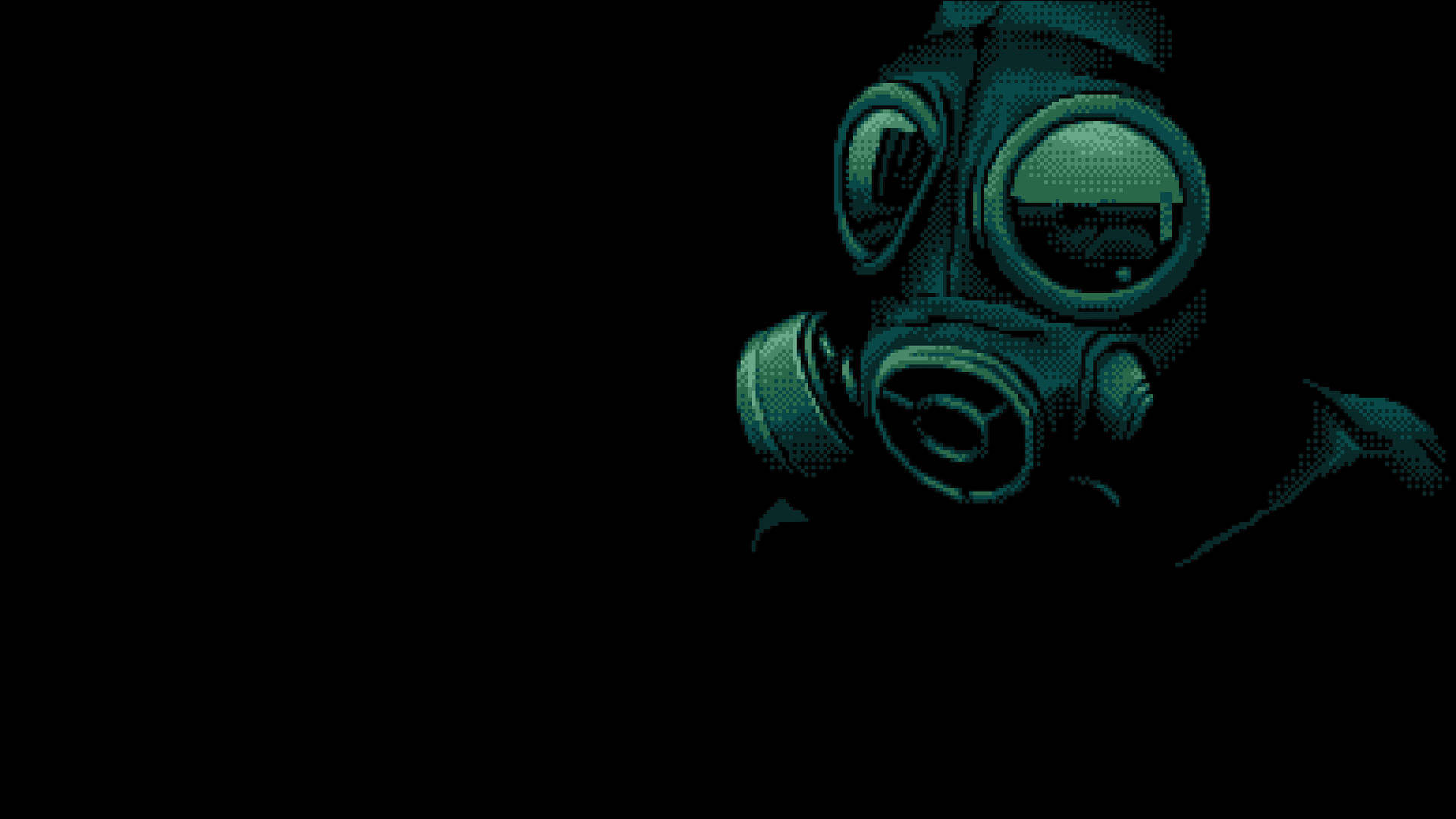 Dark Pixel, pixelated gas mask, eerie teal light, Full HD Desktop Wallpaper