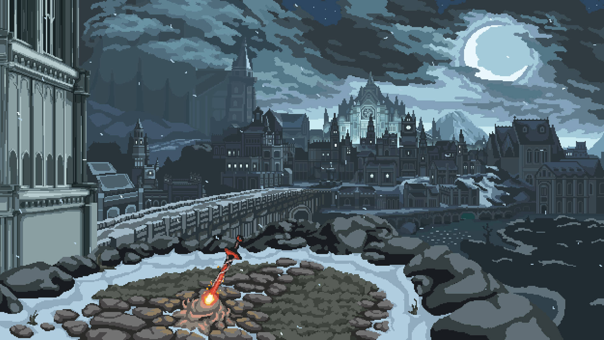 Dark Pixel, pixel-art character, icy rocks, Full HD Desktop Wallpaper