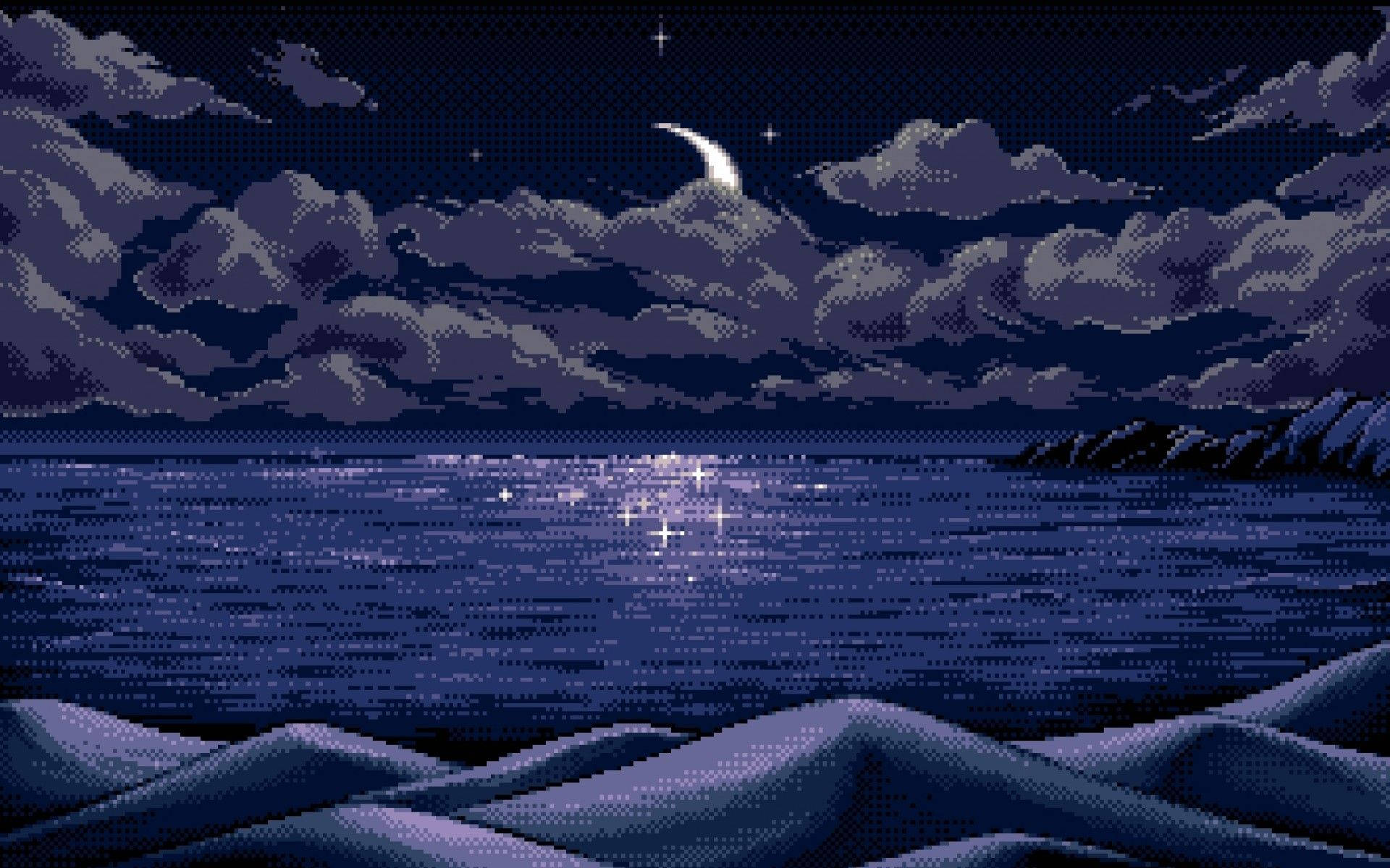 Dark Pixel, crescent moon, stars, Full HD Desktop Wallpaper