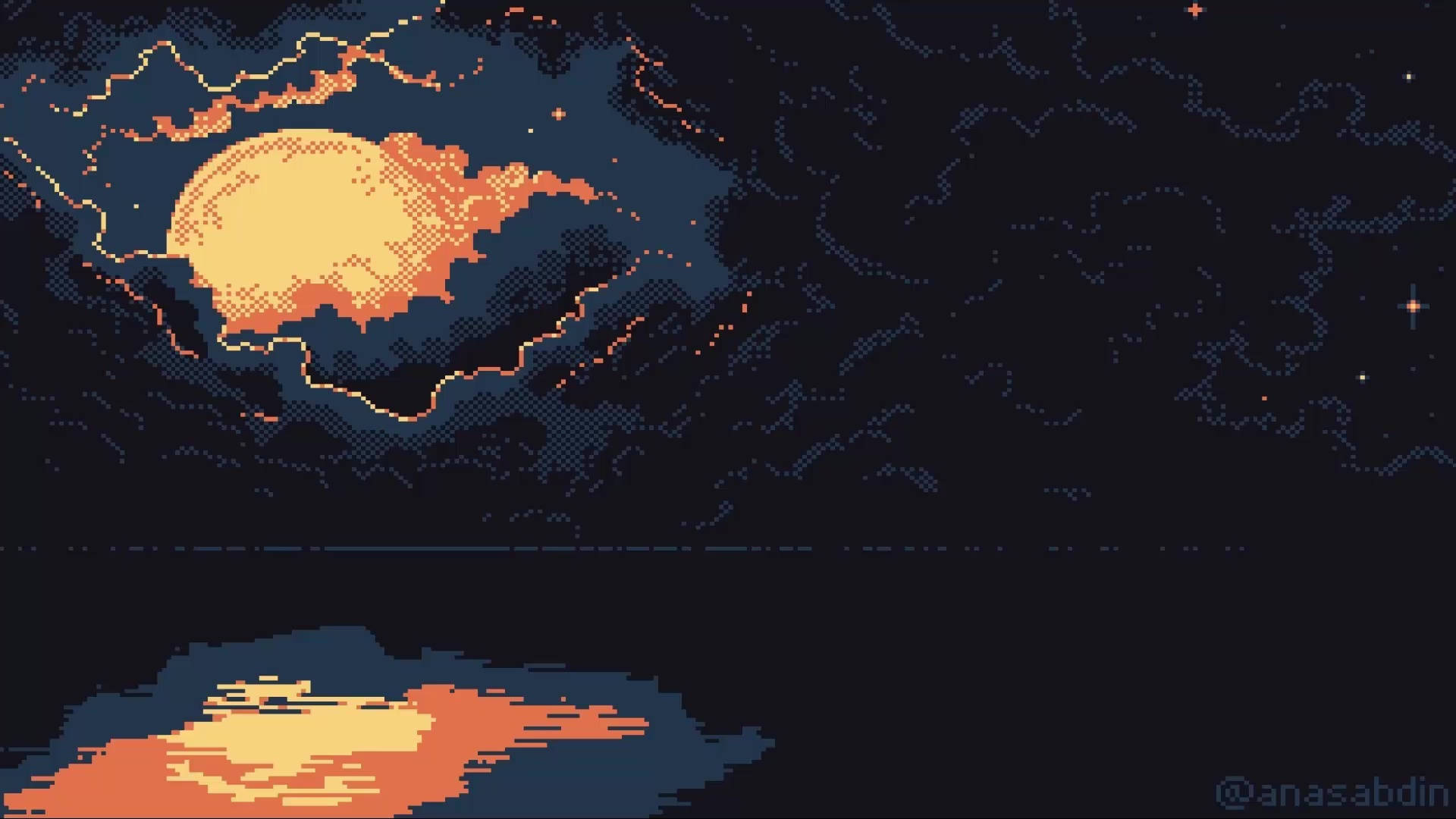 navy blue, pixelated sunset, glowing orange sun, Full HD Desktop Wallpaper