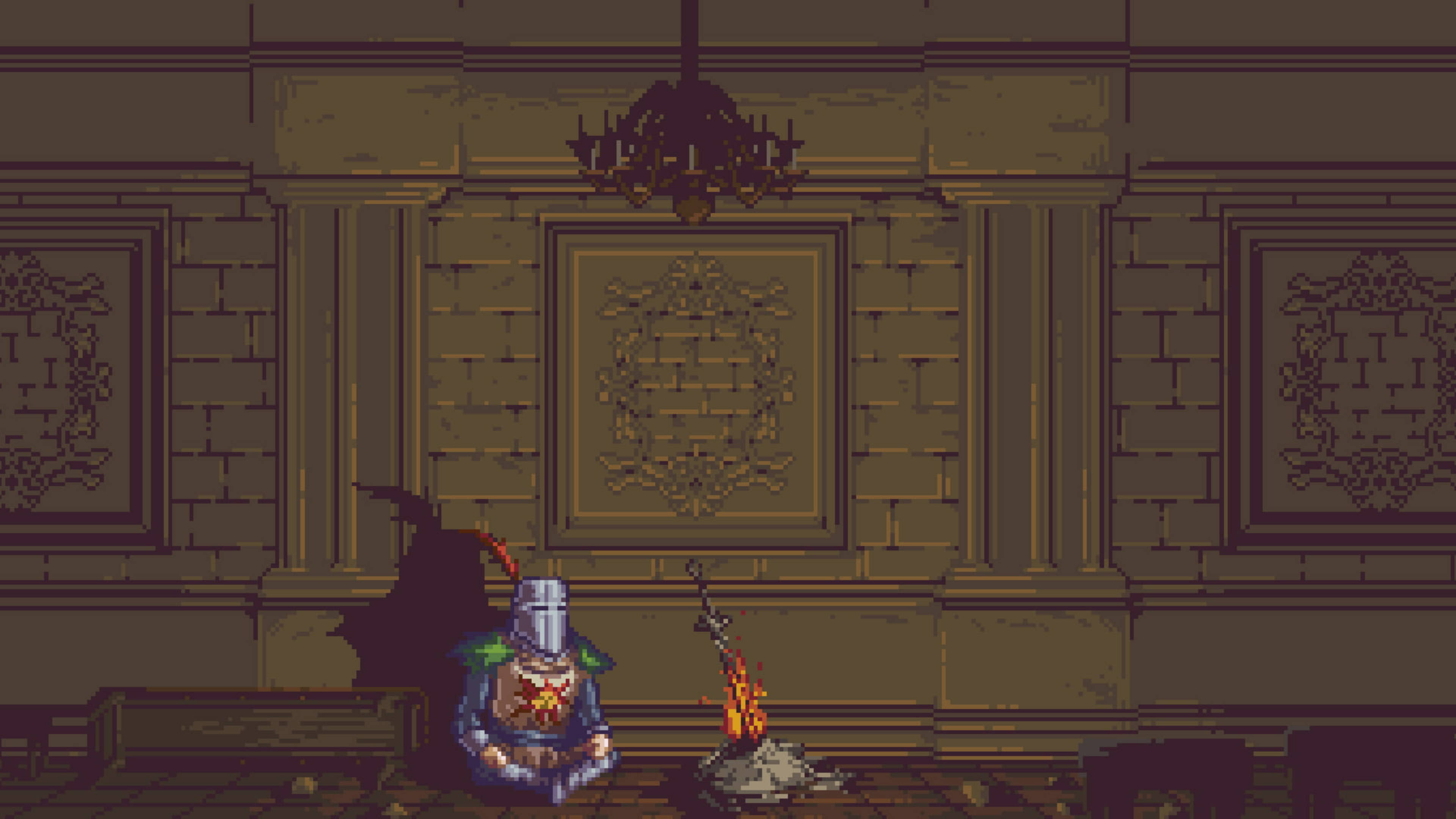 pixel-art knight, campfire, dimly lit, 4K Desktop Wallpaper