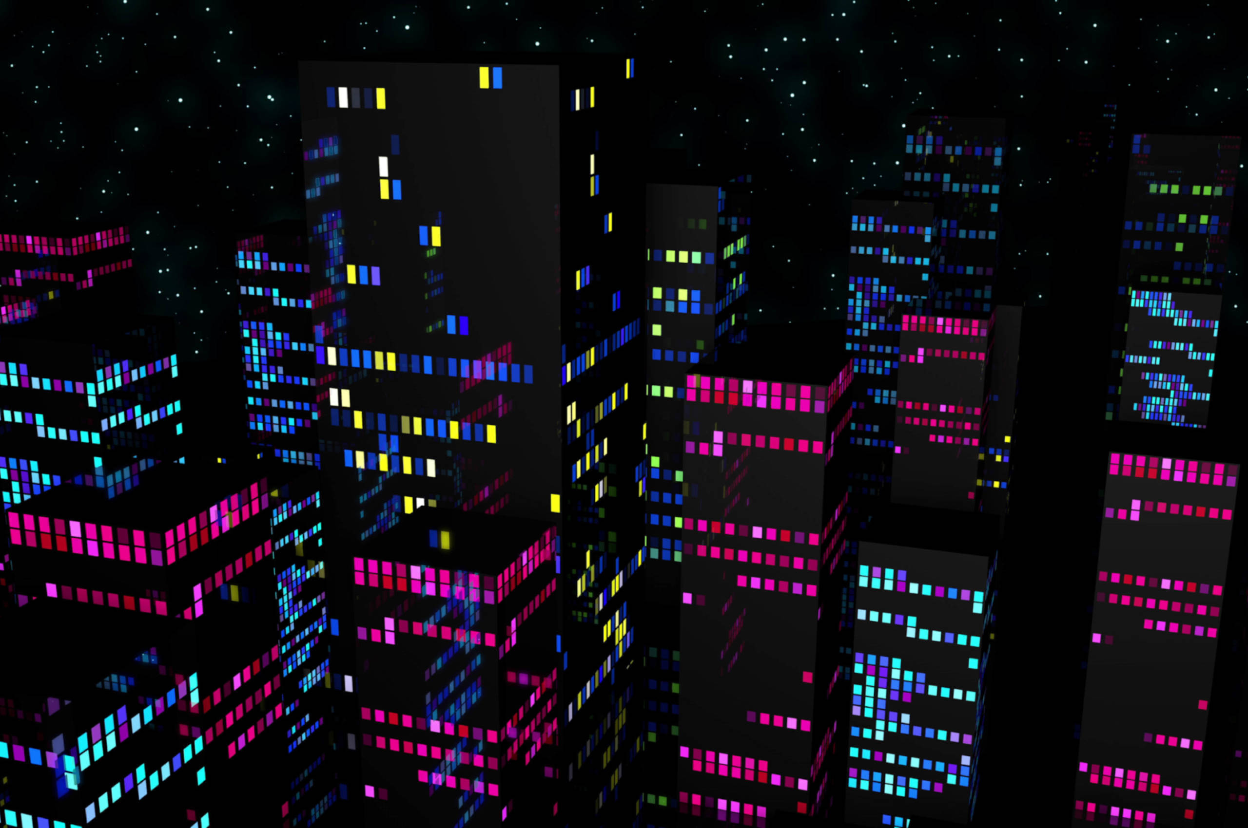 Dark Pixel, neon lights, starry night sky, 2K Desktop Wallpaper