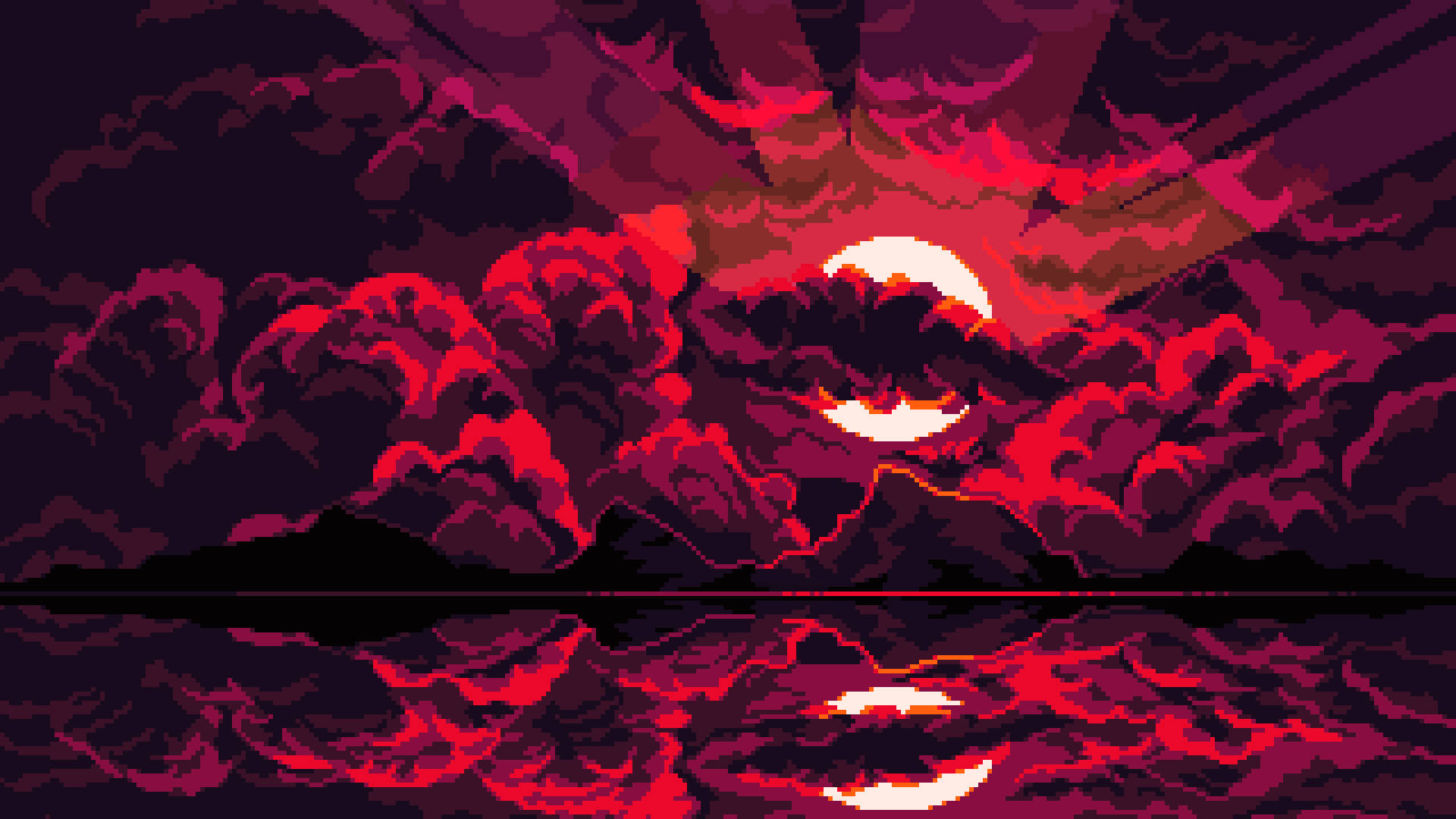 Dark Pixel, pixel-art sunset, glowing moon, Full HD Desktop Wallpaper