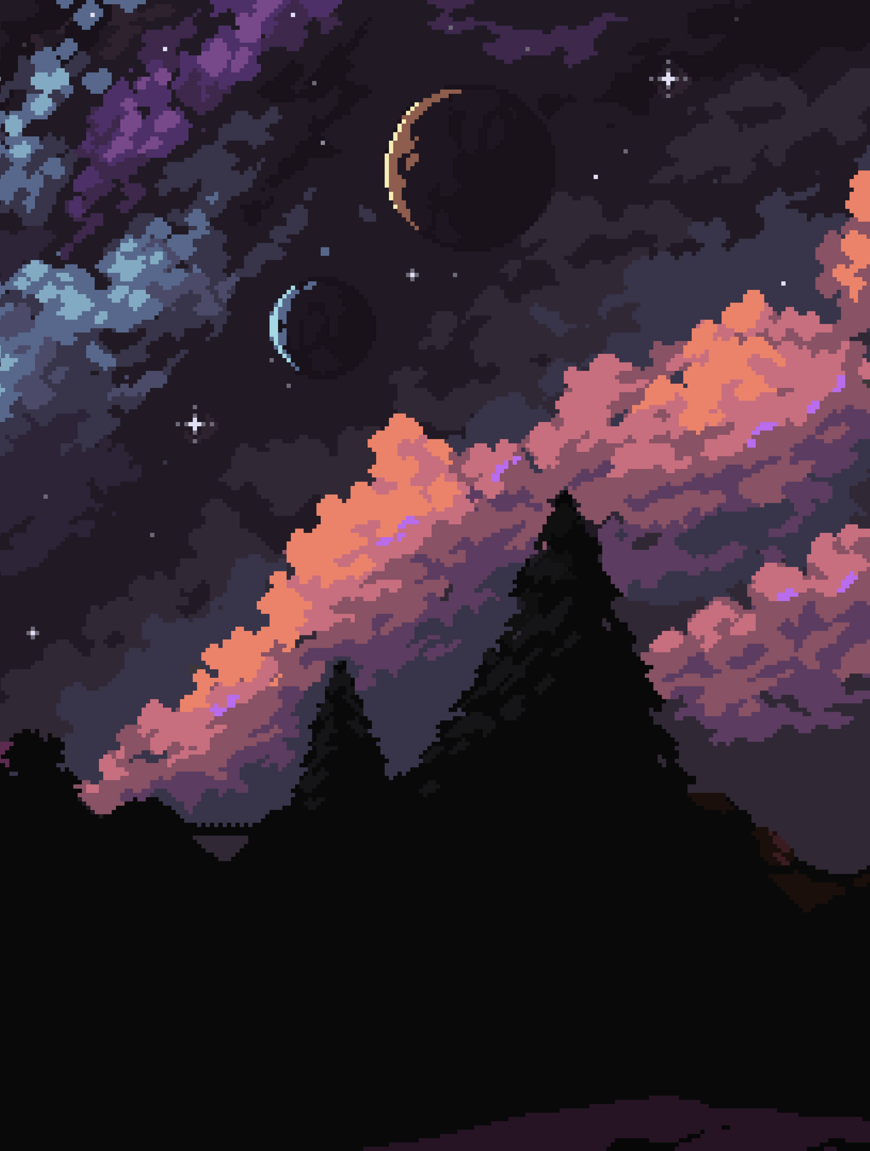 pixel art, night sky, glowing pink clouds, 4K Phone Wallpaper