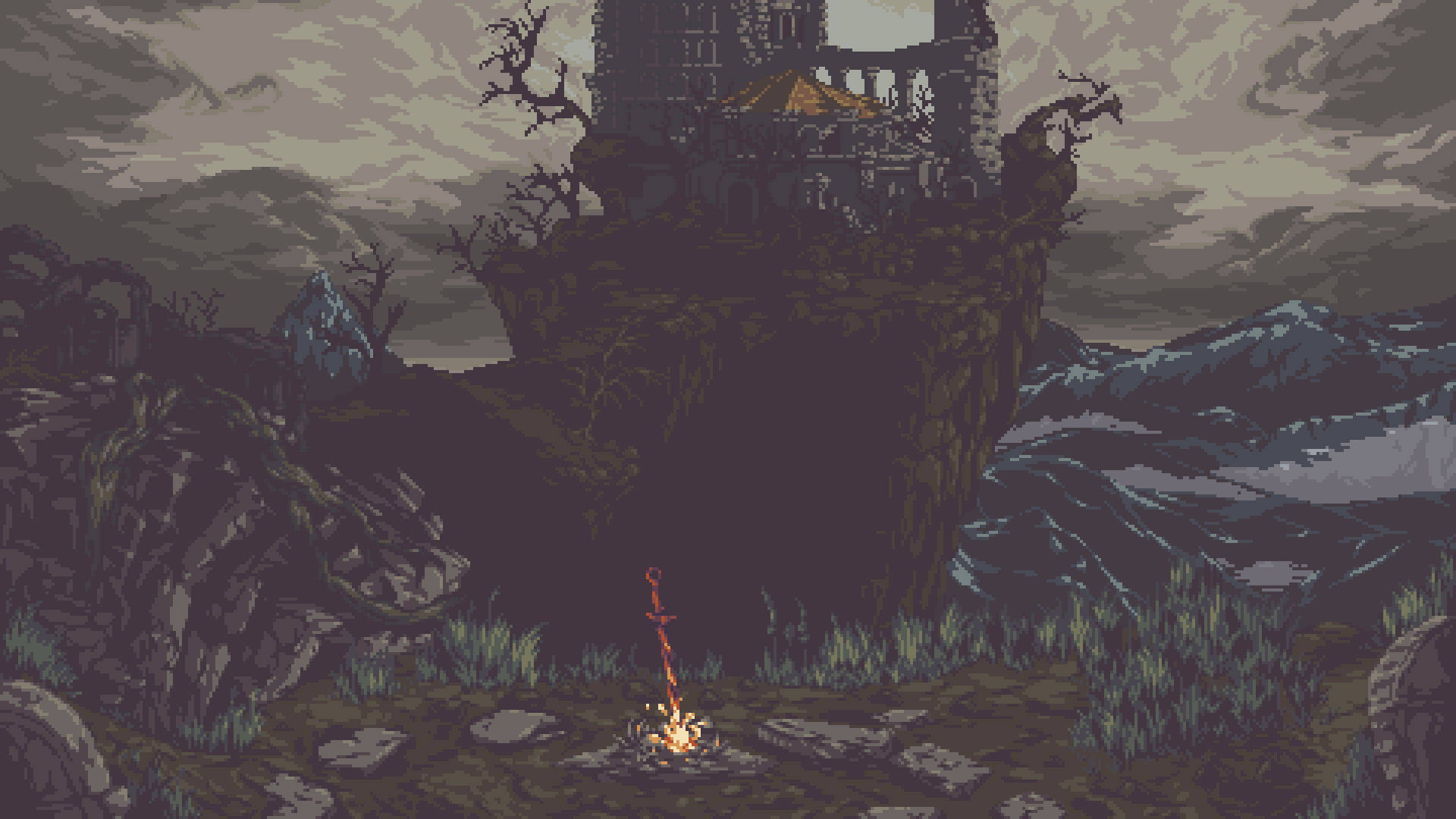 pixel art, castle ruin, cliff, Full HD Desktop Wallpaper