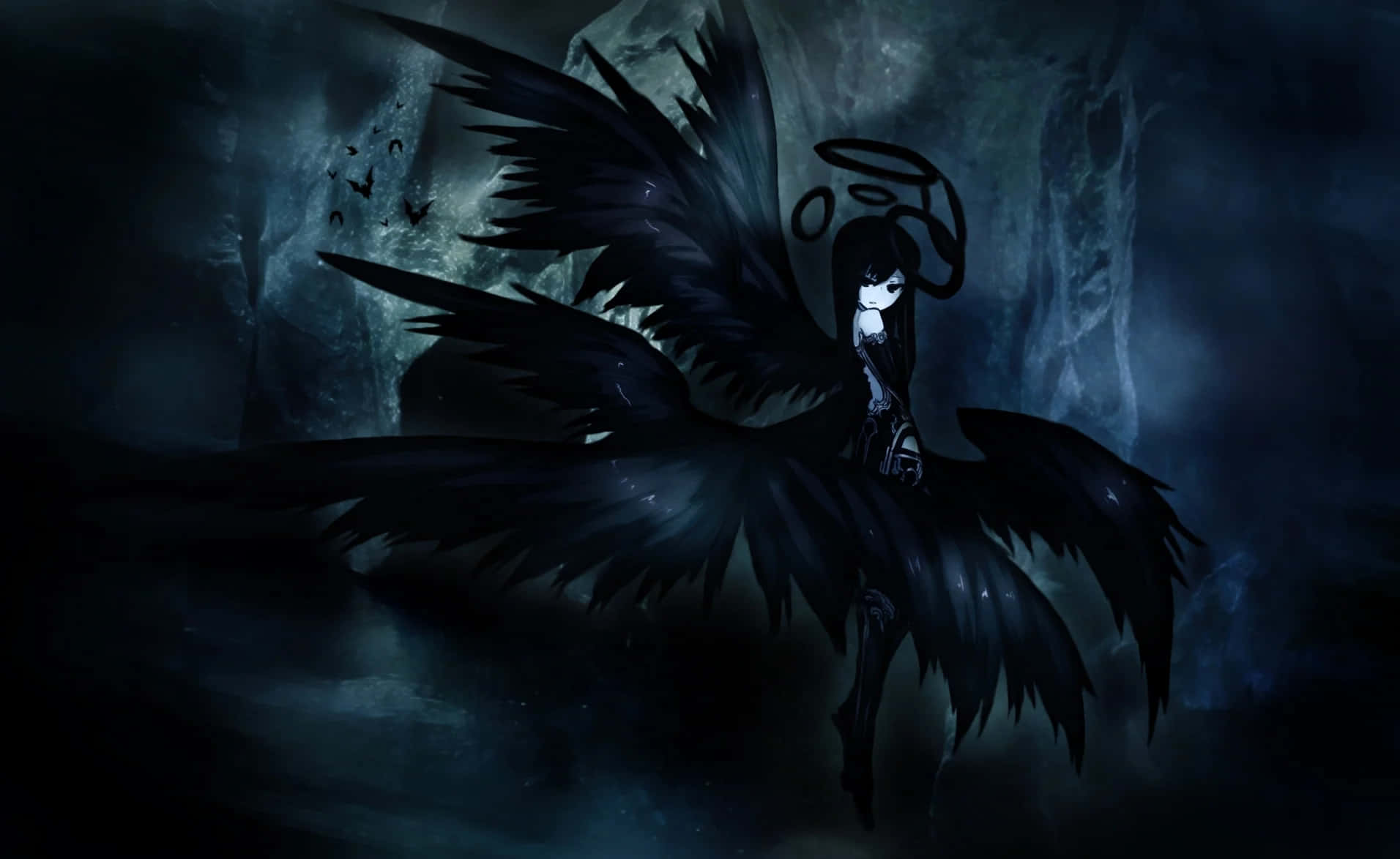 Dark Power, anime girl, massive black wings, HD Desktop Wallpaper