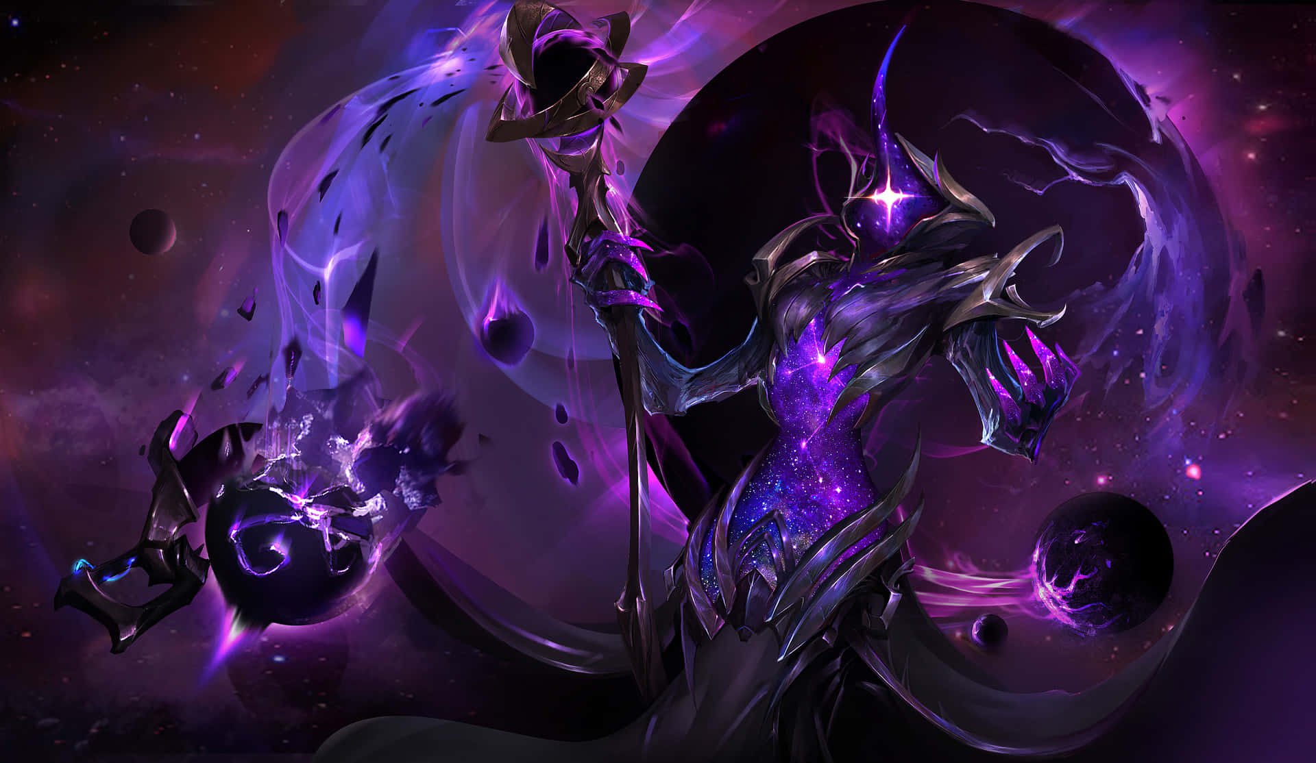 Dark Power, cosmic purple armored figure, staff, Full HD Desktop Wallpaper