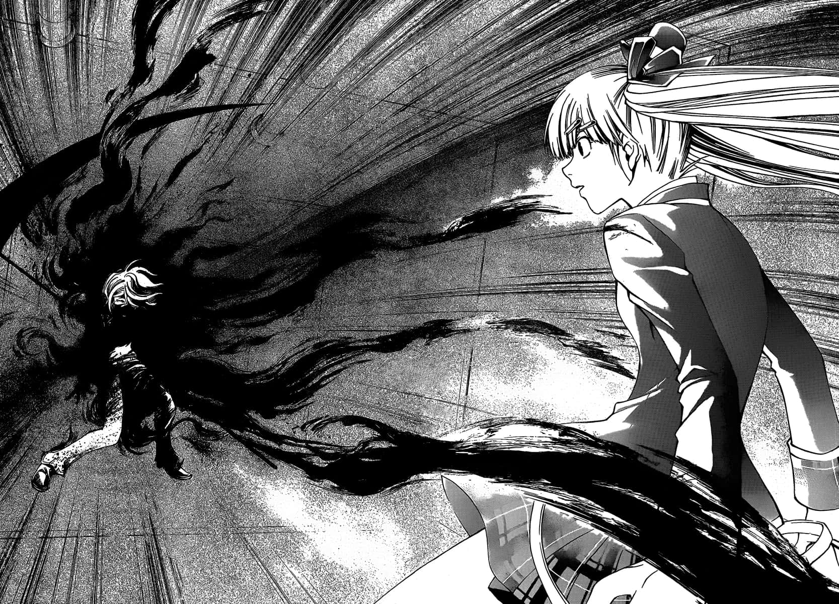 Dark Power, black and white anime scene, girl with long hair, HD Desktop Wallpaper