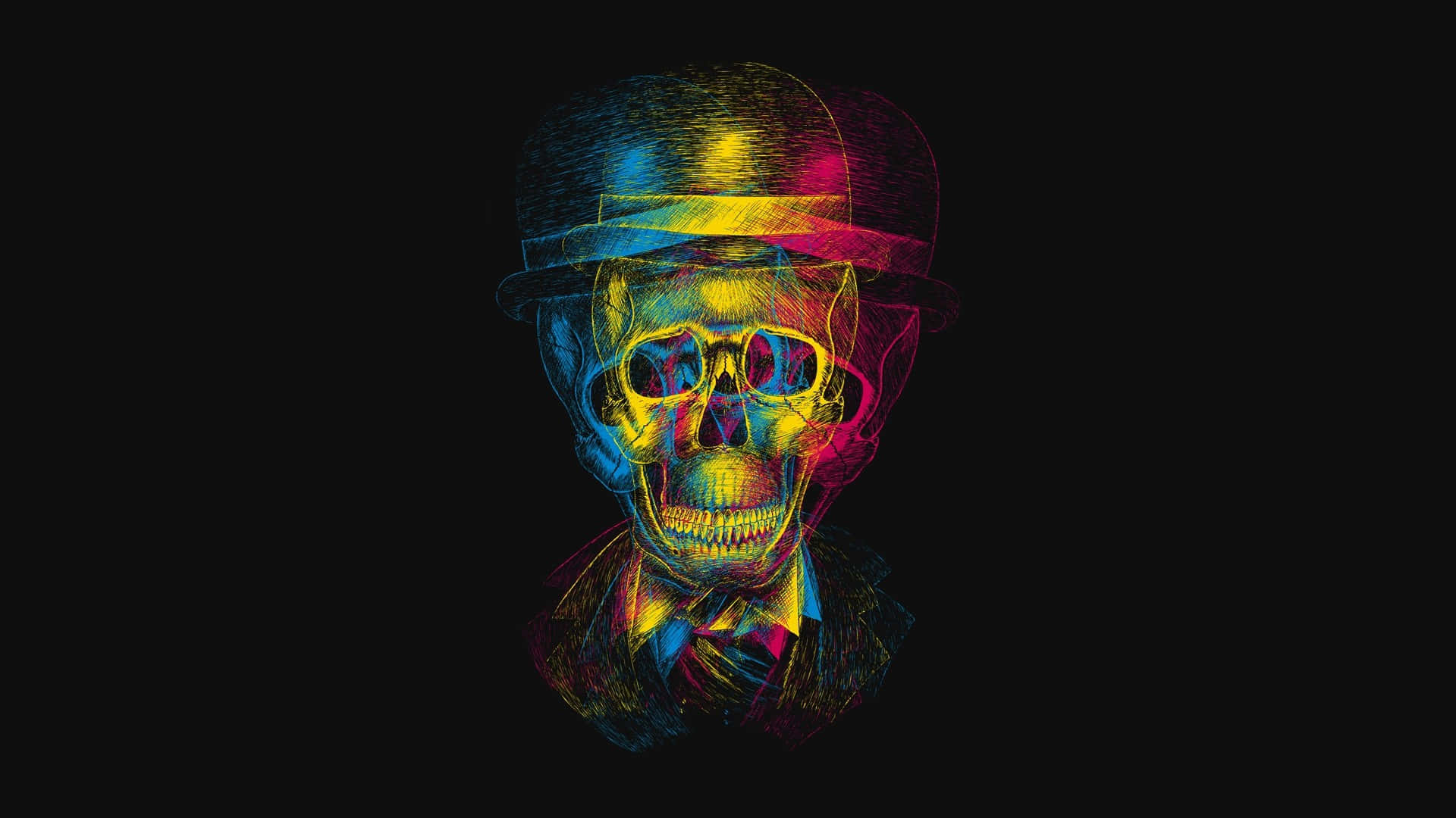 Dark Psychedelic HD, neon-colored skull, bowler hat, Full HD Desktop Wallpaper