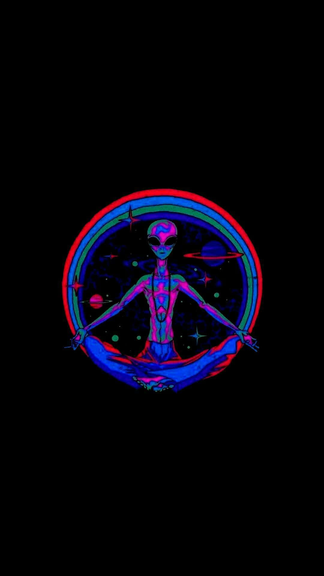 blue and red alien, cosmic ring, lotus pose, Full HD Phone Wallpaper