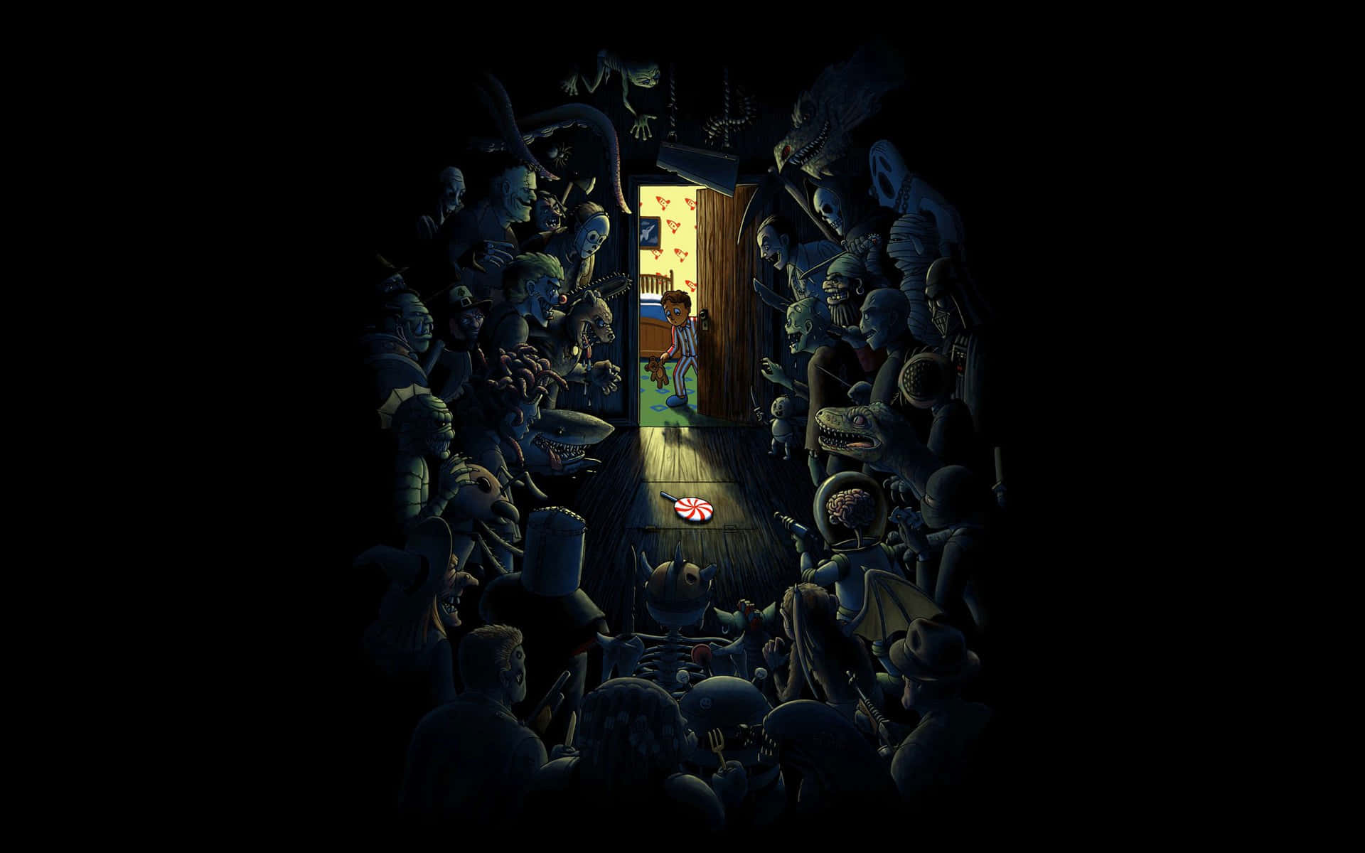 Psychedelic Darkness, child, brightly lit doorway, Full HD Desktop Wallpaper