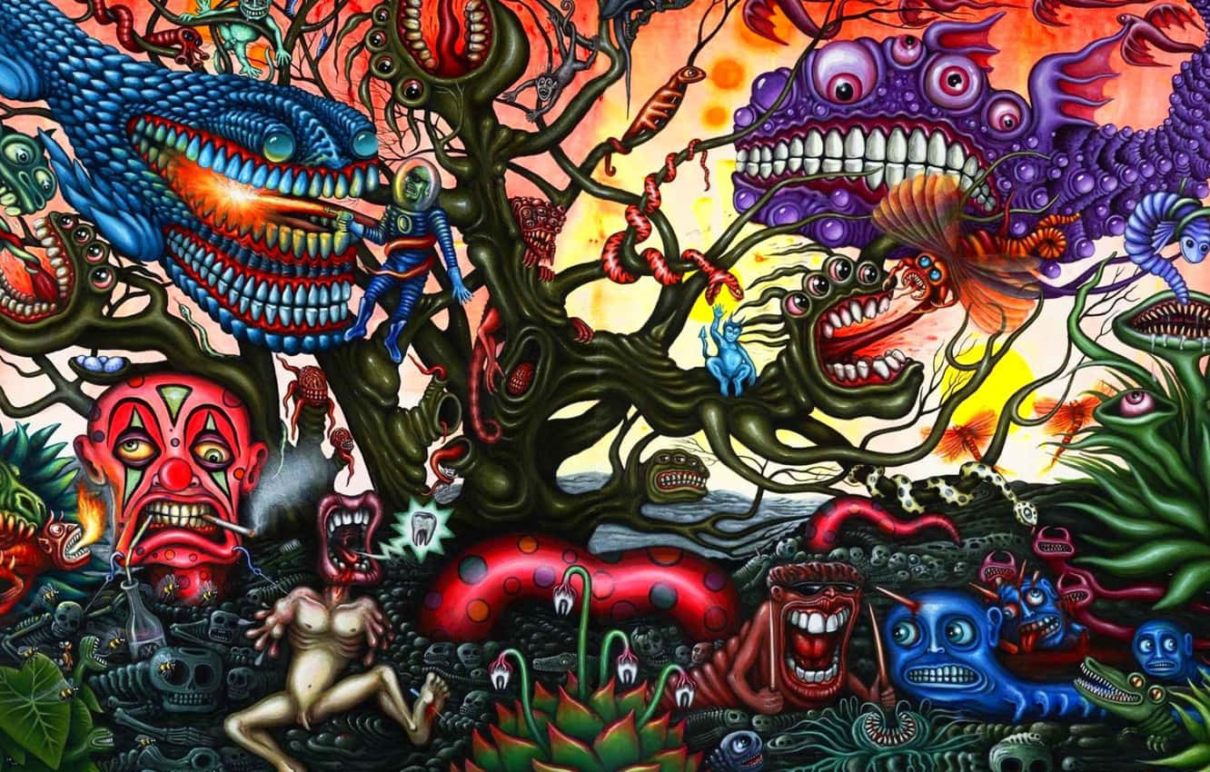 Dark Psychedelic HD, surreal nightmare tree, grotesque mouths, HD Desktop Wallpaper