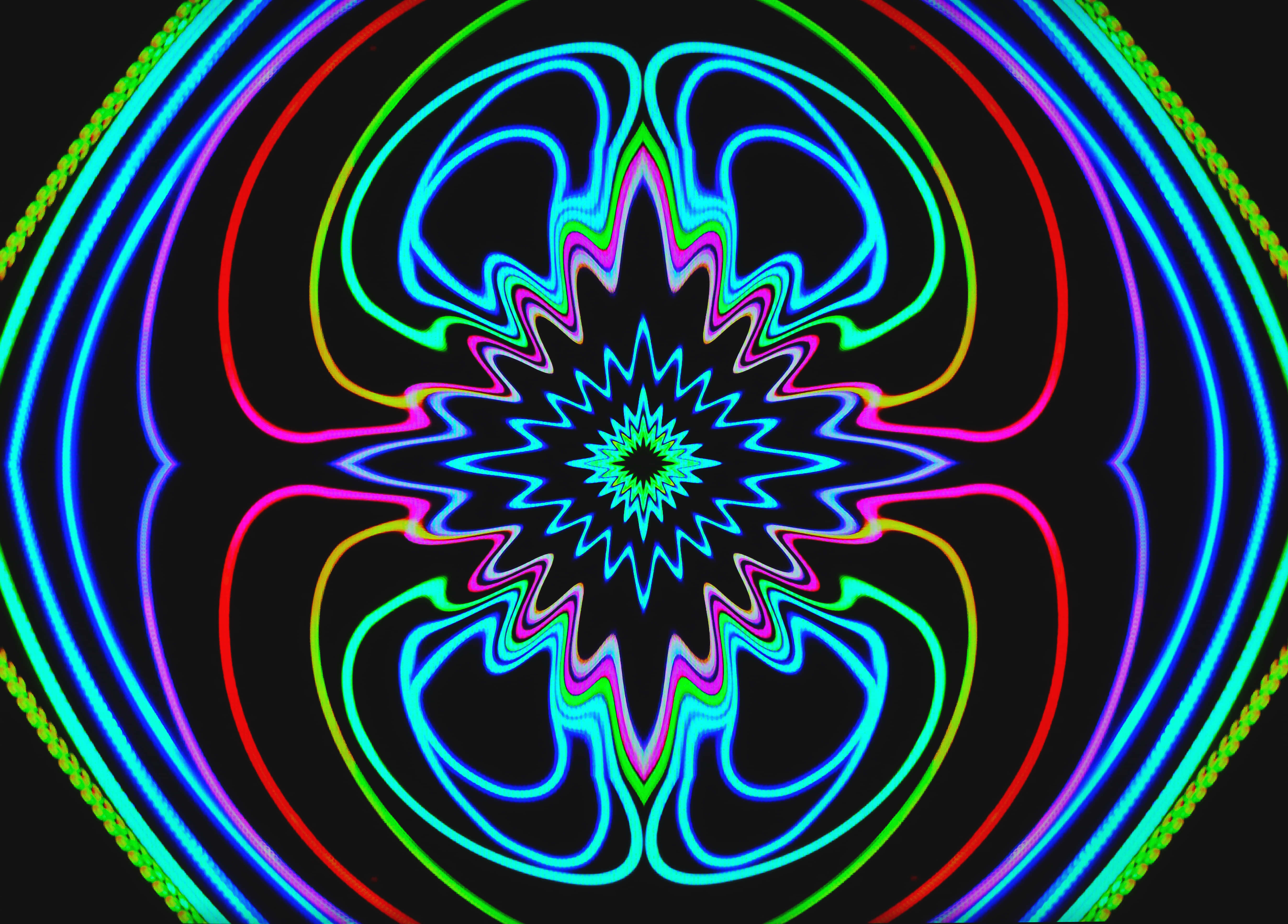 Dark Psychedelic HD, neon rainbow lines, hypnotic symmetrical pattern, 5K Desktop Wallpaper