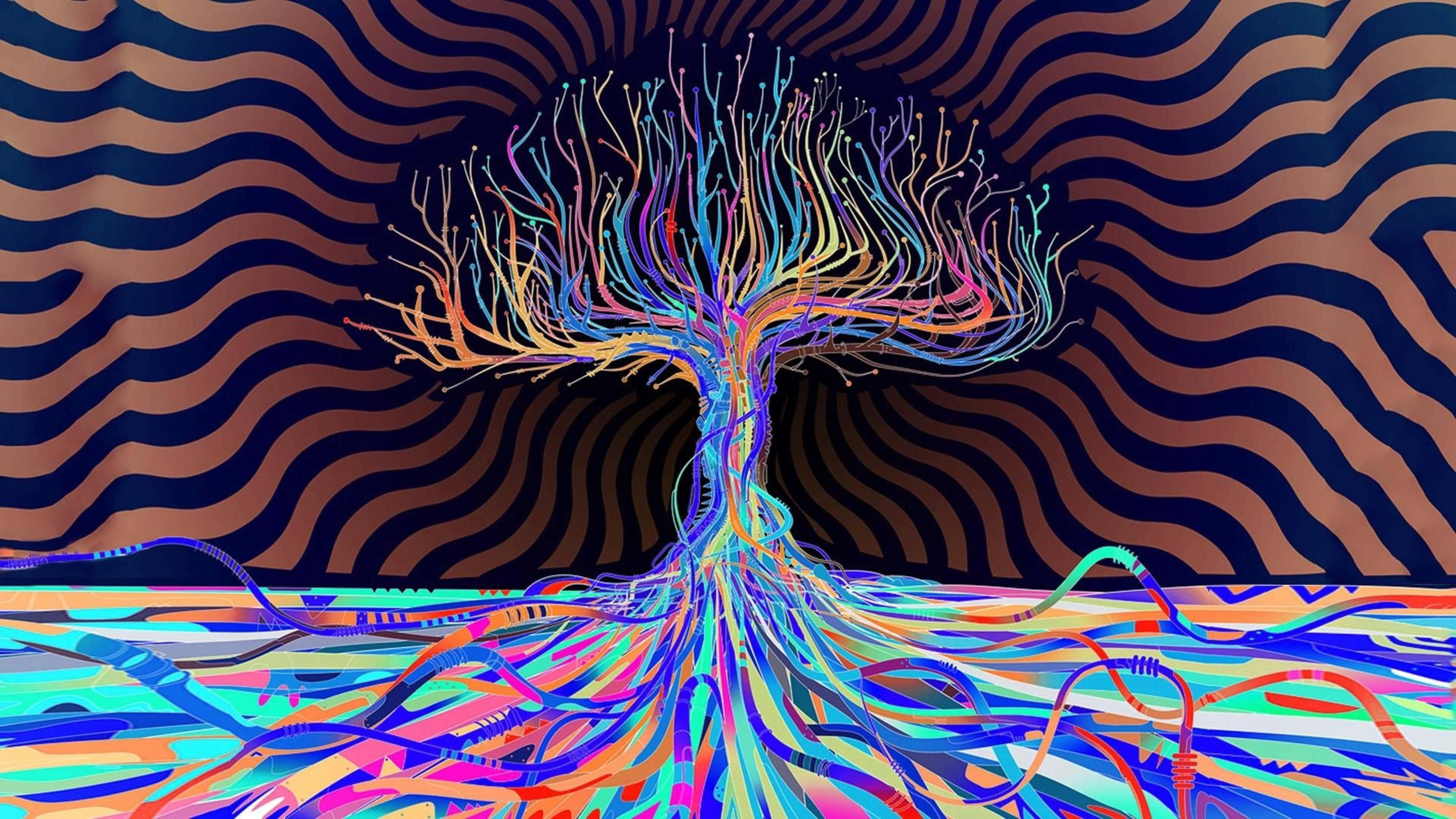 psychedelic tree, neon roots, neon branches, 4K Desktop Wallpaper