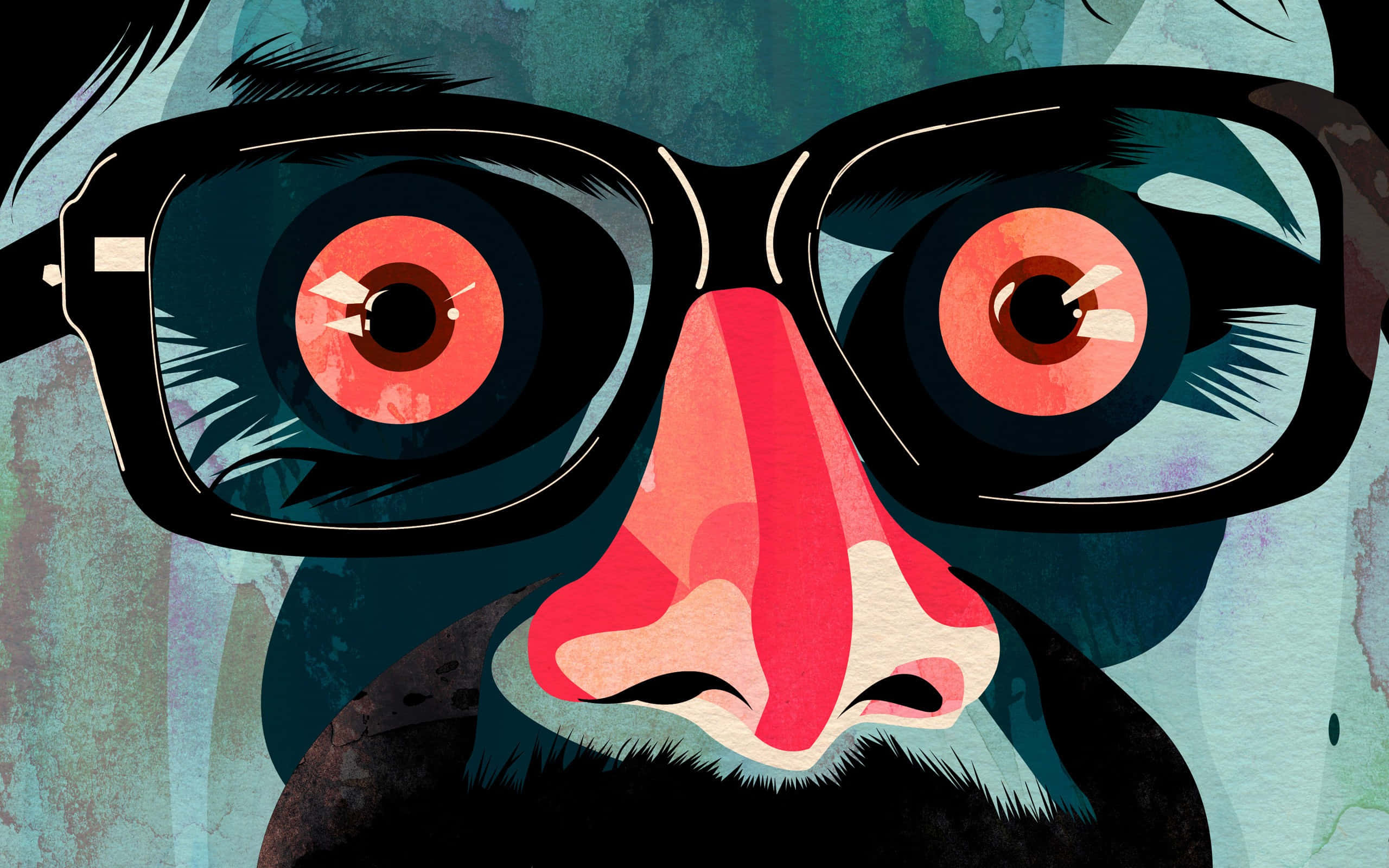 Dark Psychedelic HD, bold black glasses, vivid red eyes, 2K Desktop Wallpaper
