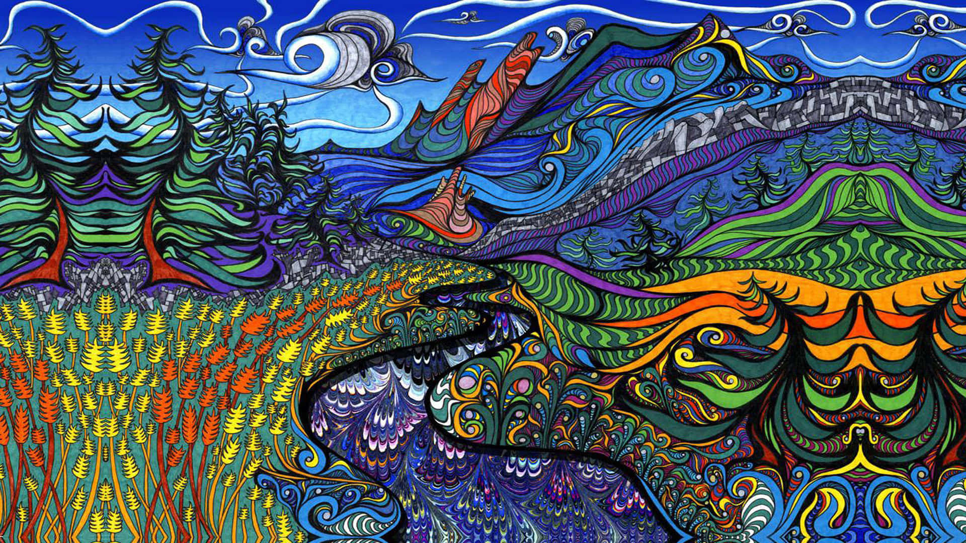 Dark Psychedelic HD, 1920 x 1080, swirling mountains, Full HD Desktop Wallpaper