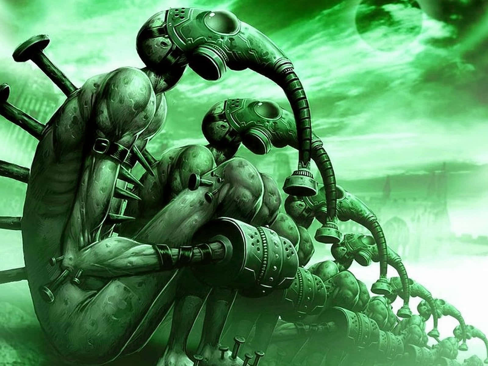 Dark Psychedelic HD, green biomechanical creature, gas mask heads, HD Desktop Wallpaper