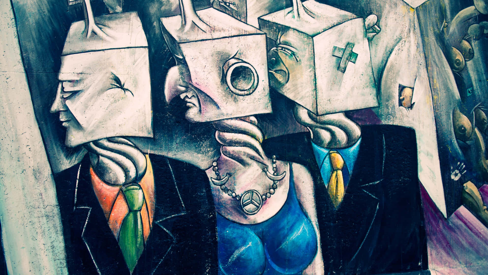 Dark Psychedelic HD, futuristic cubist mural, geometric headpieces, Full HD Desktop Wallpaper