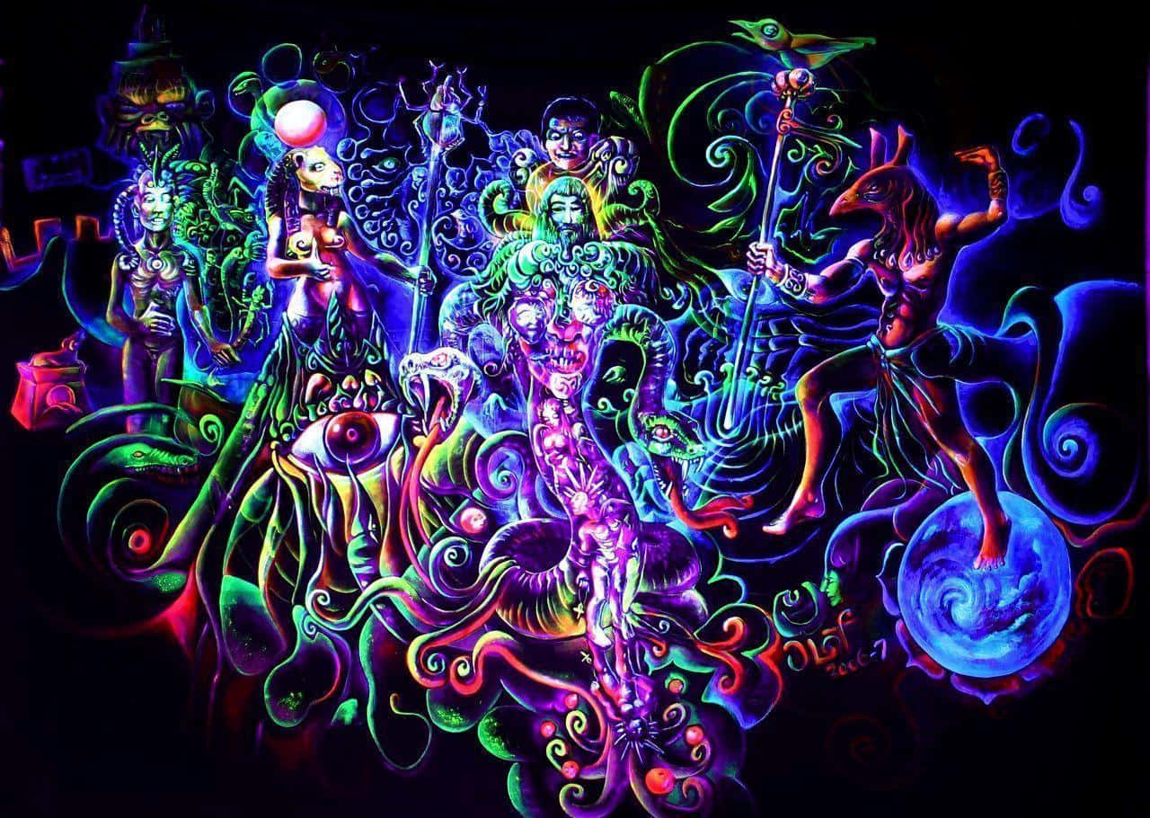 Psychedelic World Of Color, Vibrant neon-colored mythical figures, swirling patterns, HD Desktop Wallpaper