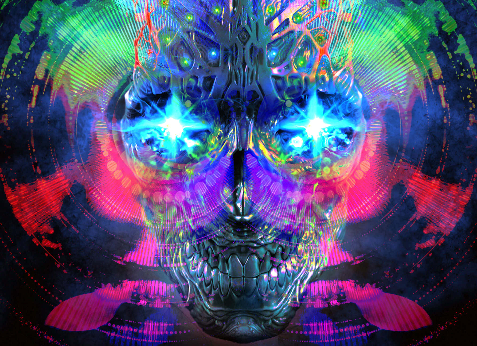 cybernetic skull, neon blue eyes, vibrant fractal patterns, Full HD Desktop Wallpaper